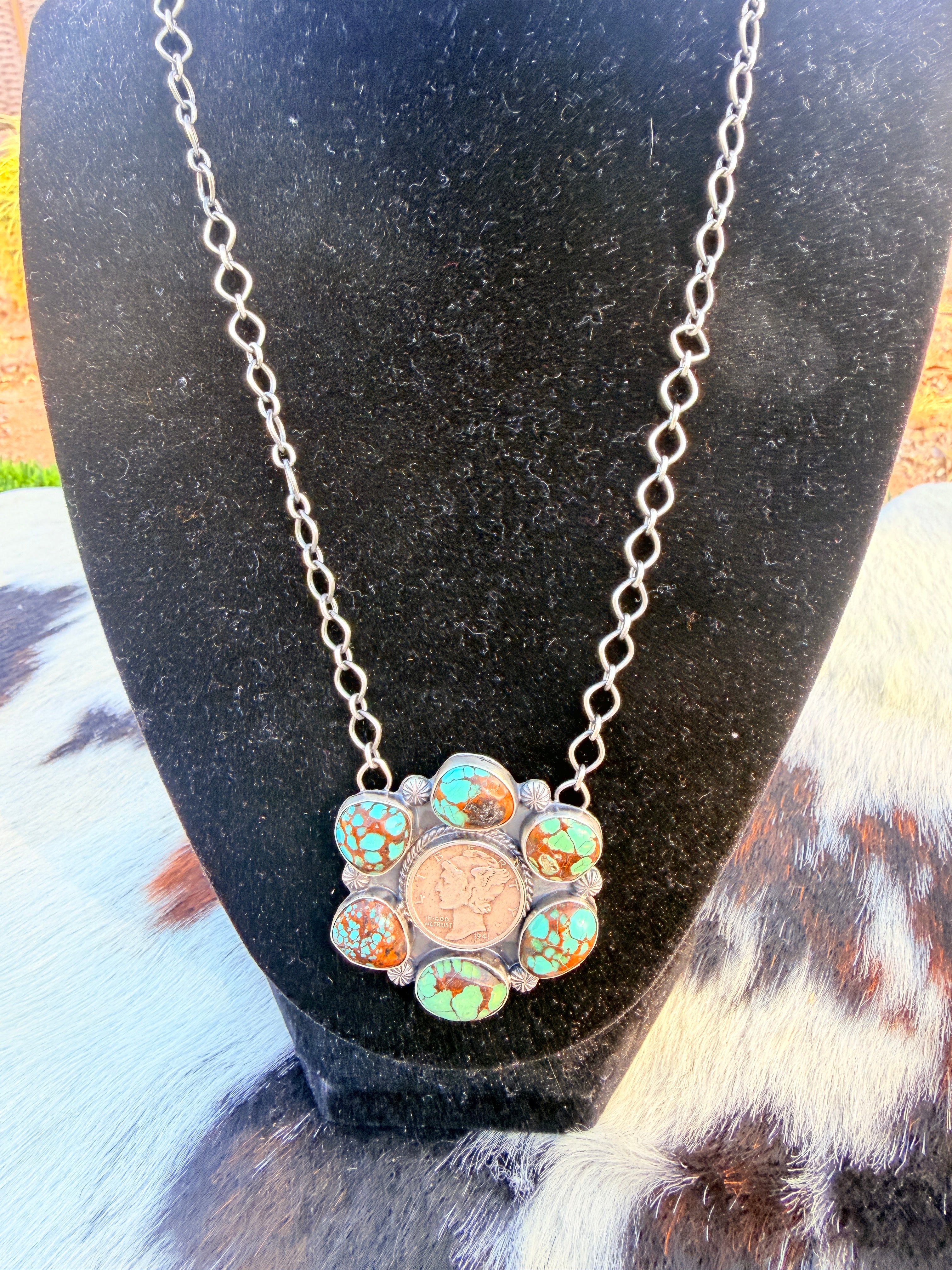 Handcrafted Number 8 Turquoise & Sterling Silver Liberty Dime Necklace by Sheila Tso