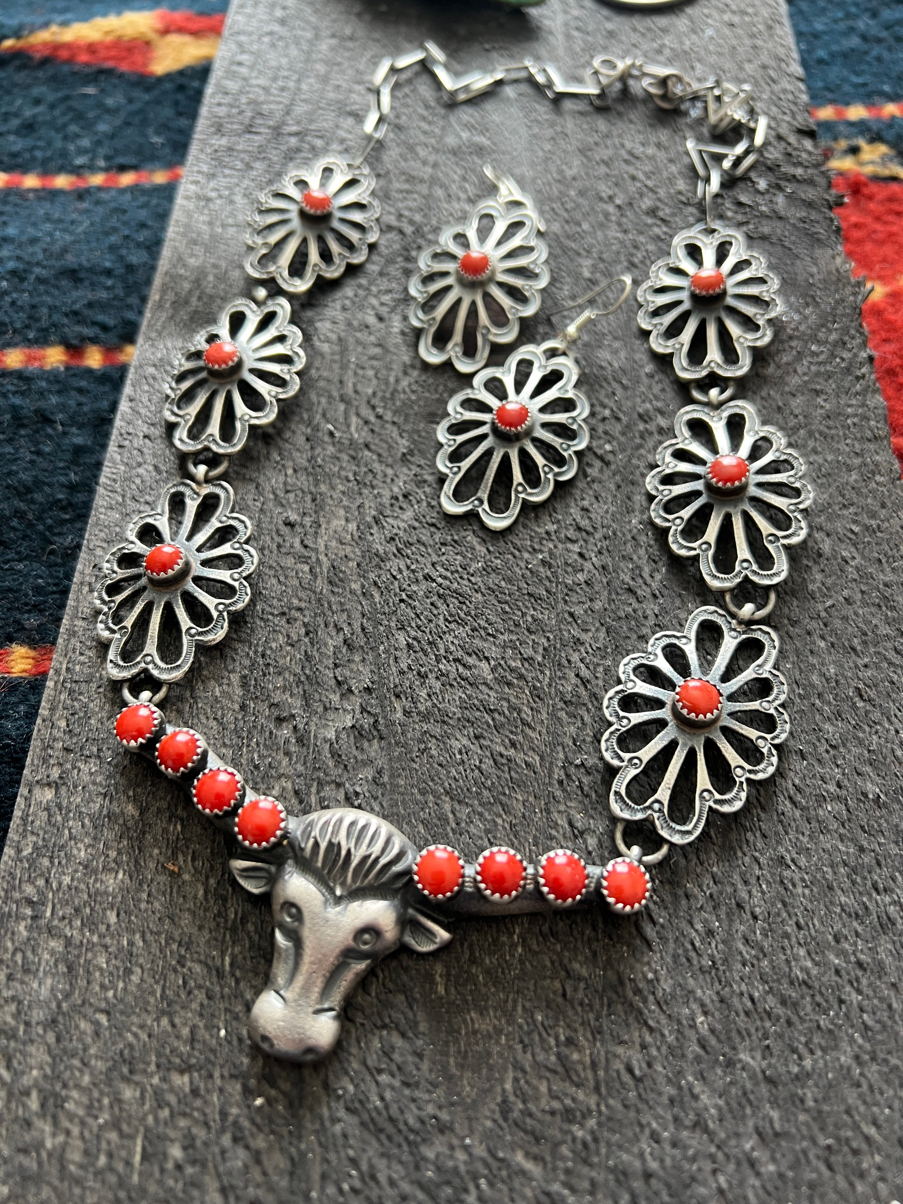 Handcrafted Sterling Silver and Mediterranean Coral Steer Head Concho Necklace & Earrings by Kevin Billah