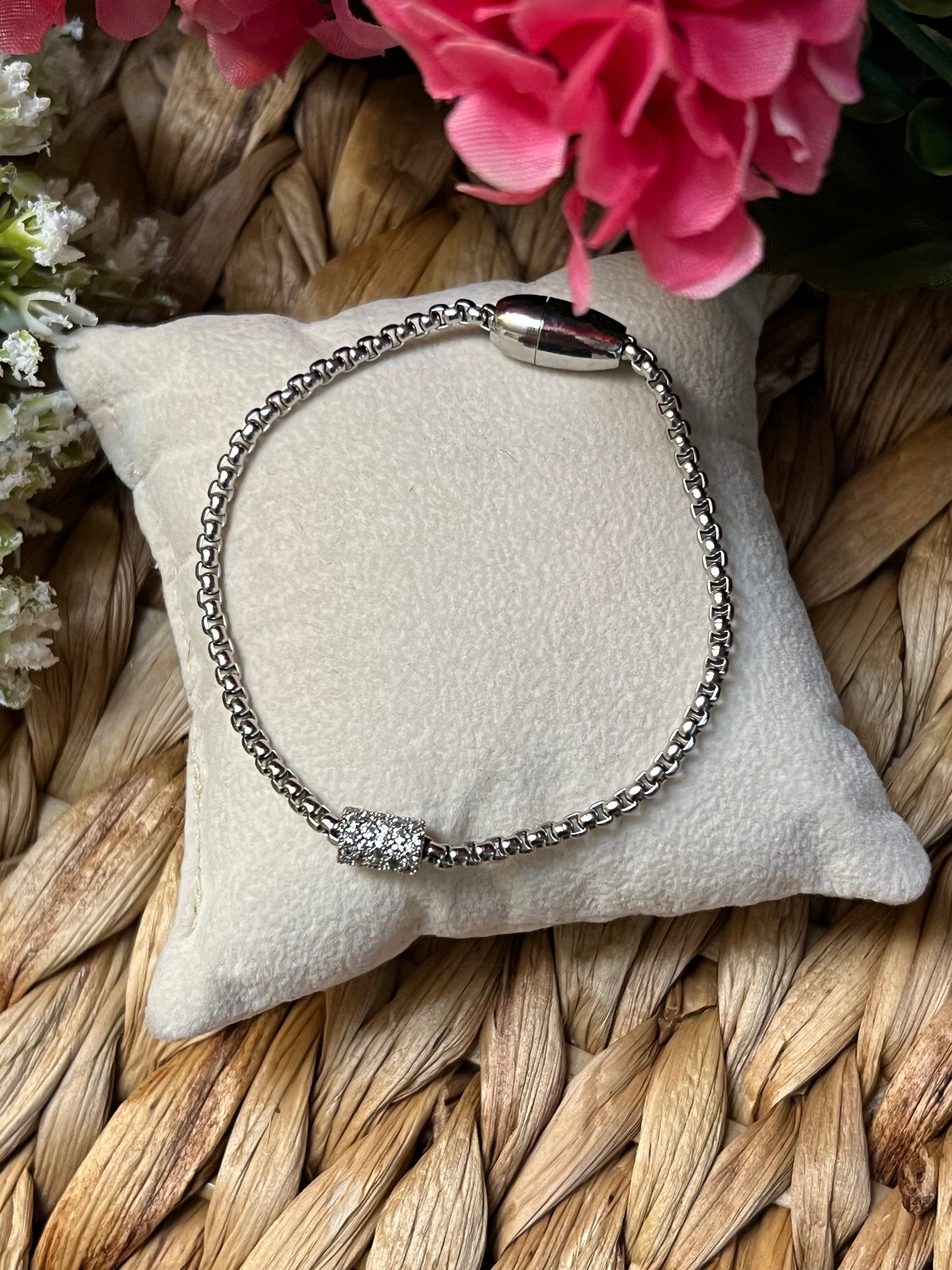 Silver Plated CZ Box Chain Bracelet With Magnetic Clasp