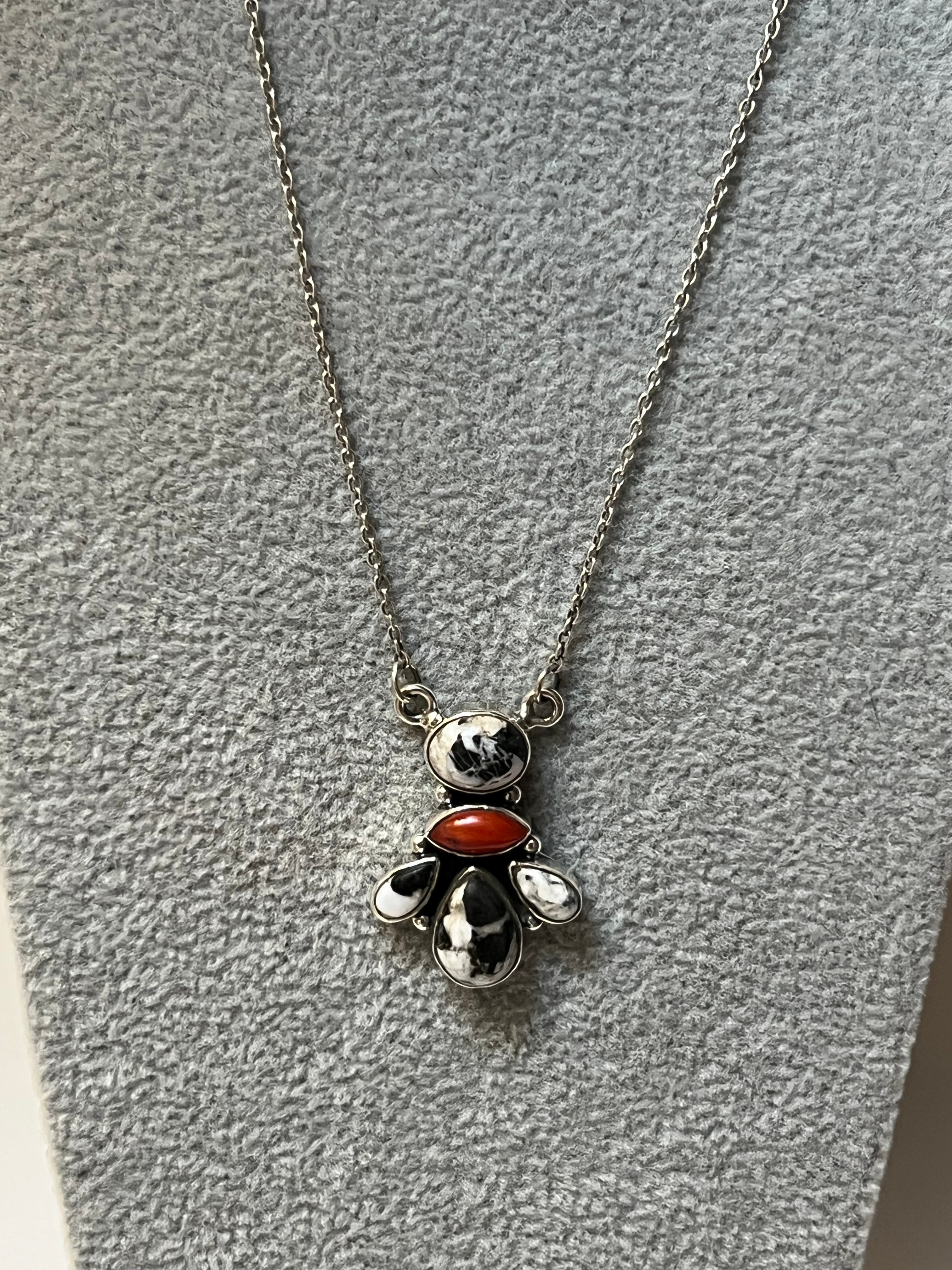 Handmade Sterling Silver, White Buffalo & Coral Necklace