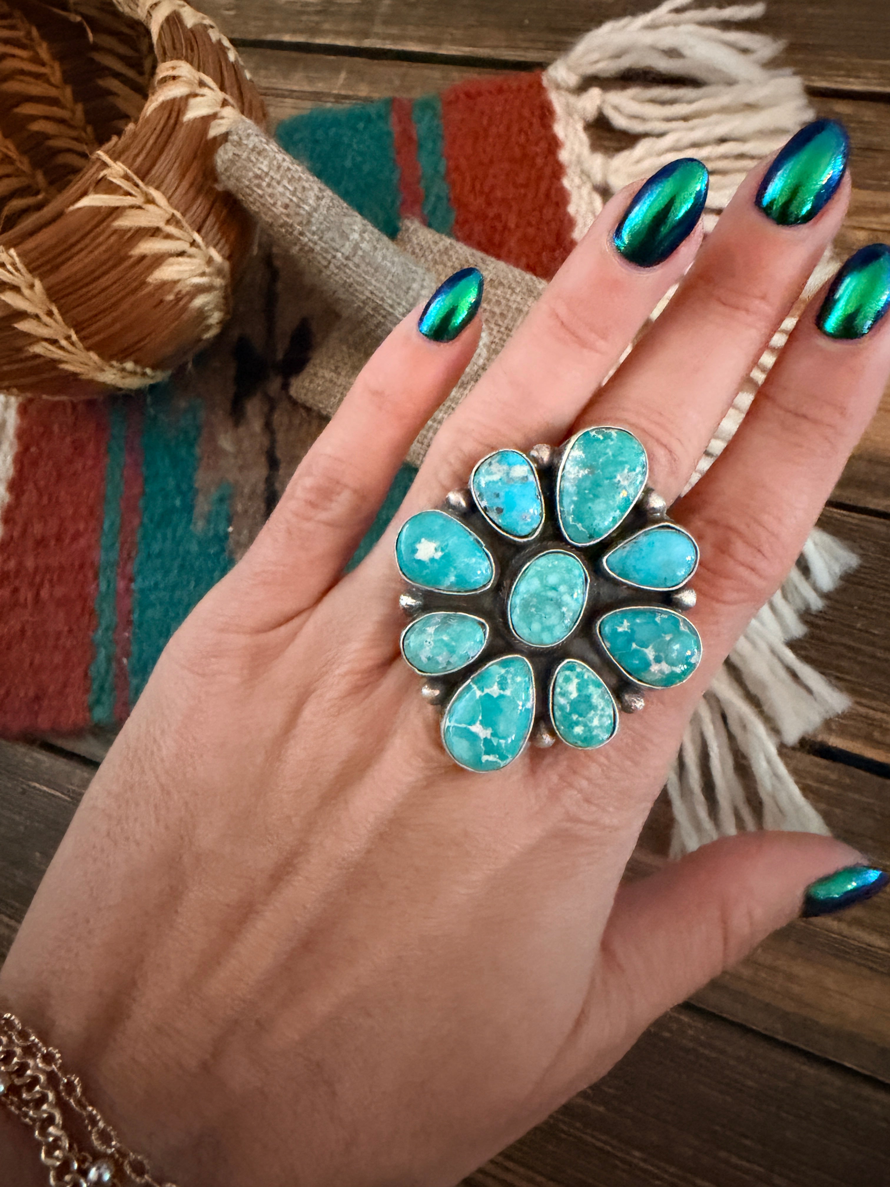 Handcrafted Turquoise & Sterling Silver Cluster Ring by Ella Peters Size 7