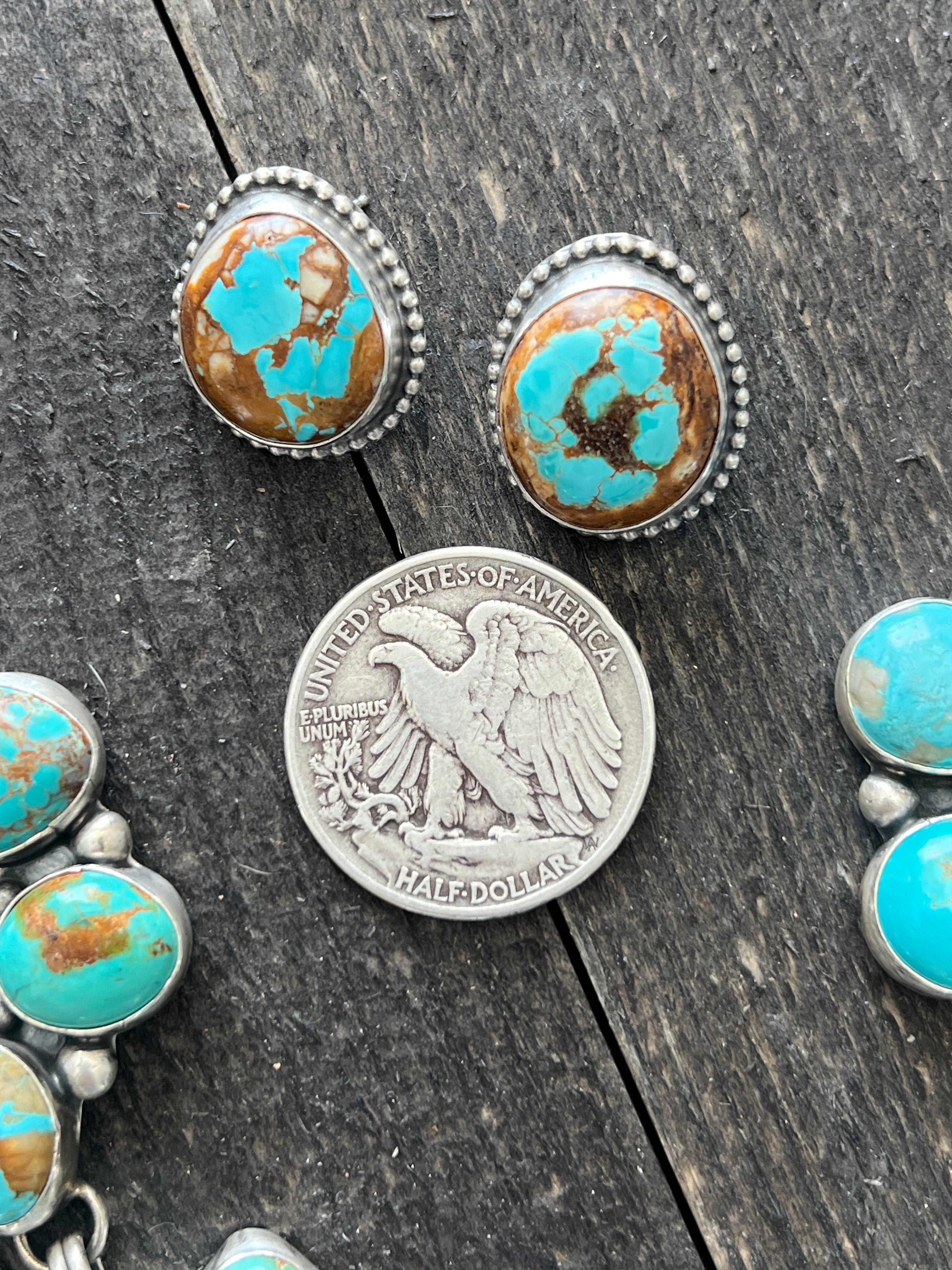 Handcrafted Big Mama Sterling Silver and Royston Turquoise Cluster Necklace with Matching Earrings by Sheila Becenti