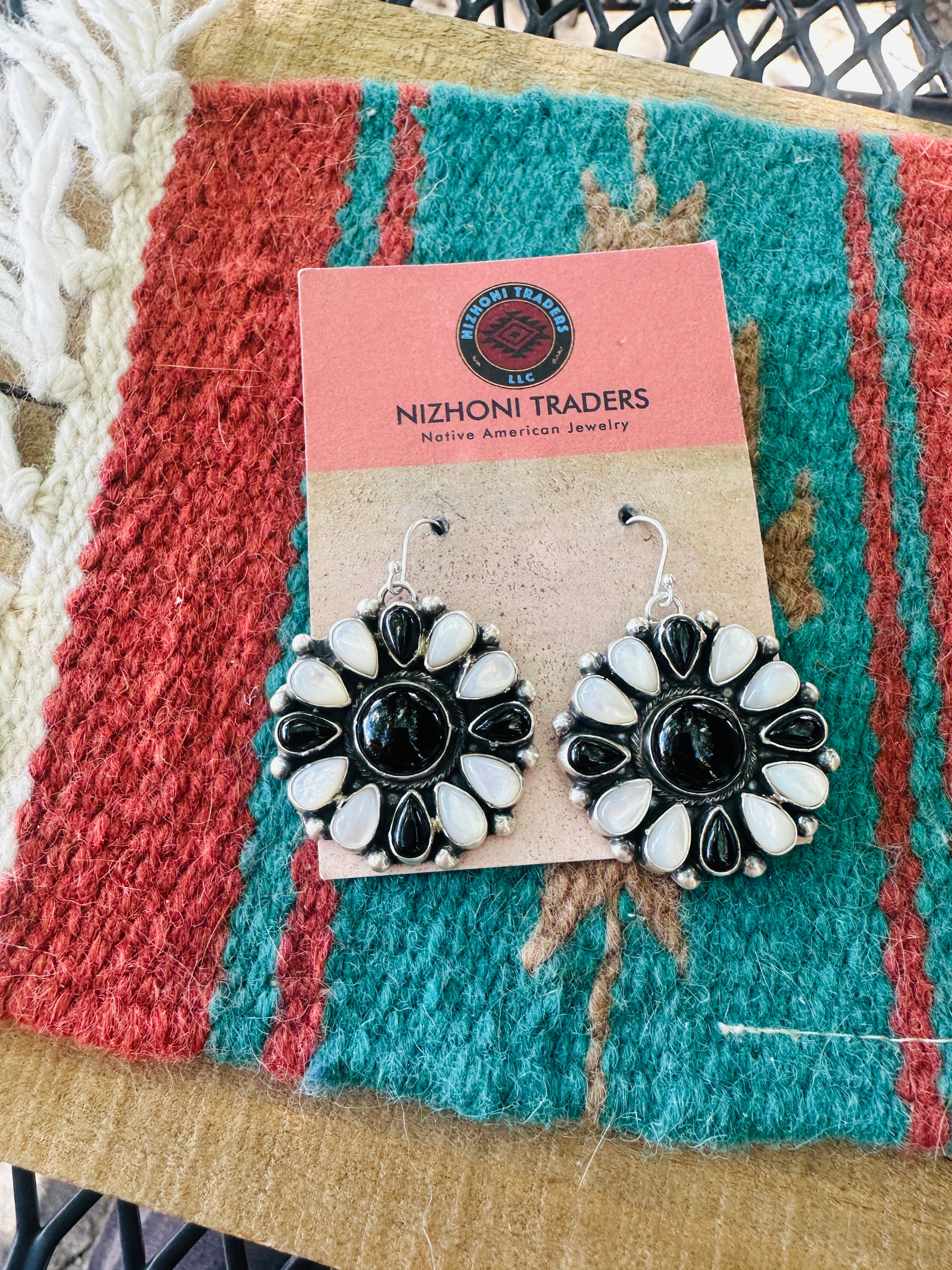 Handcrafted Mother of Pearl, Onyx & Sterling Silver Cluster Dangle Earrings