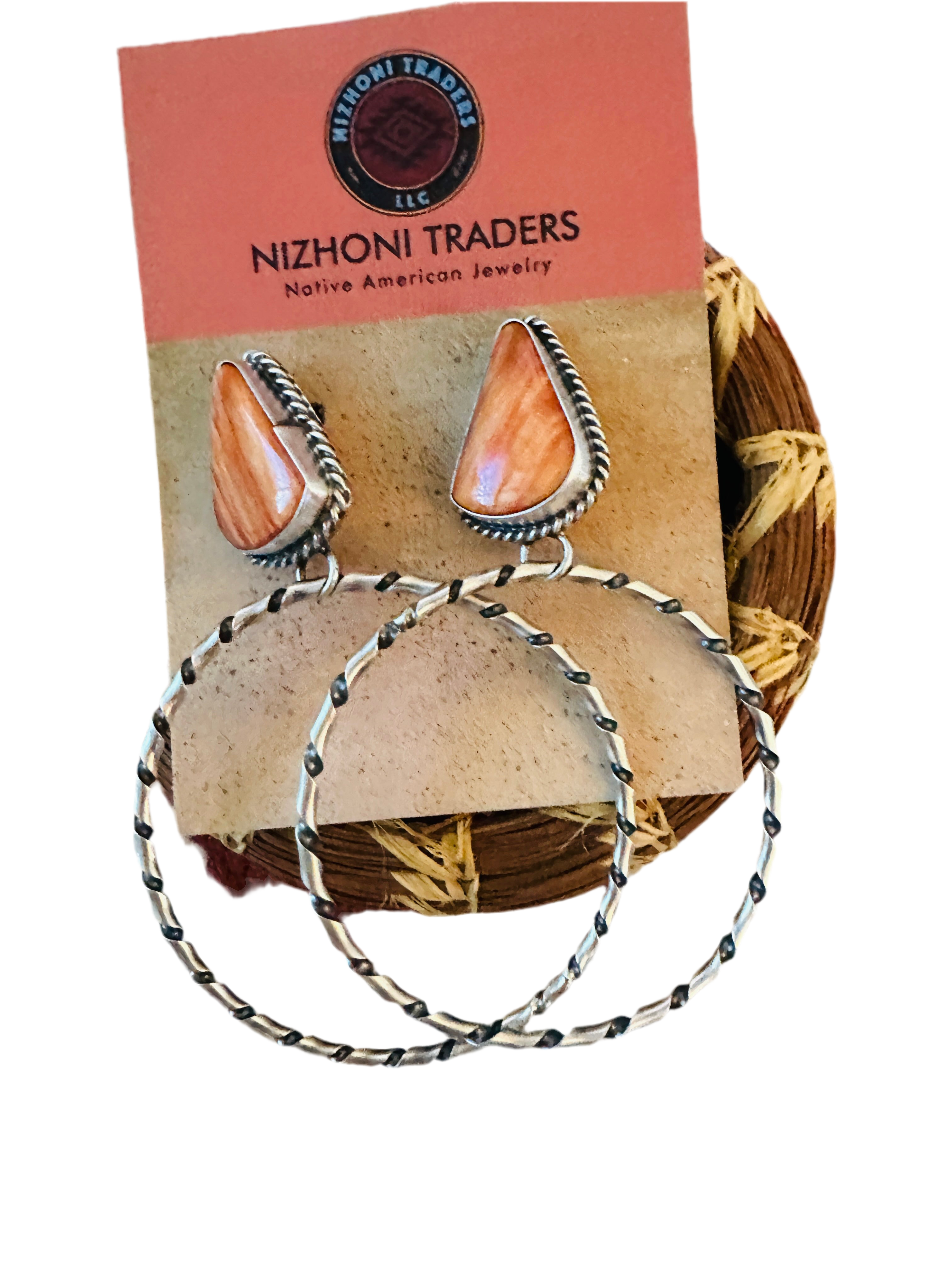 Navajo Orange Spiny and Sterling Silver Dangle Hoop Earrings