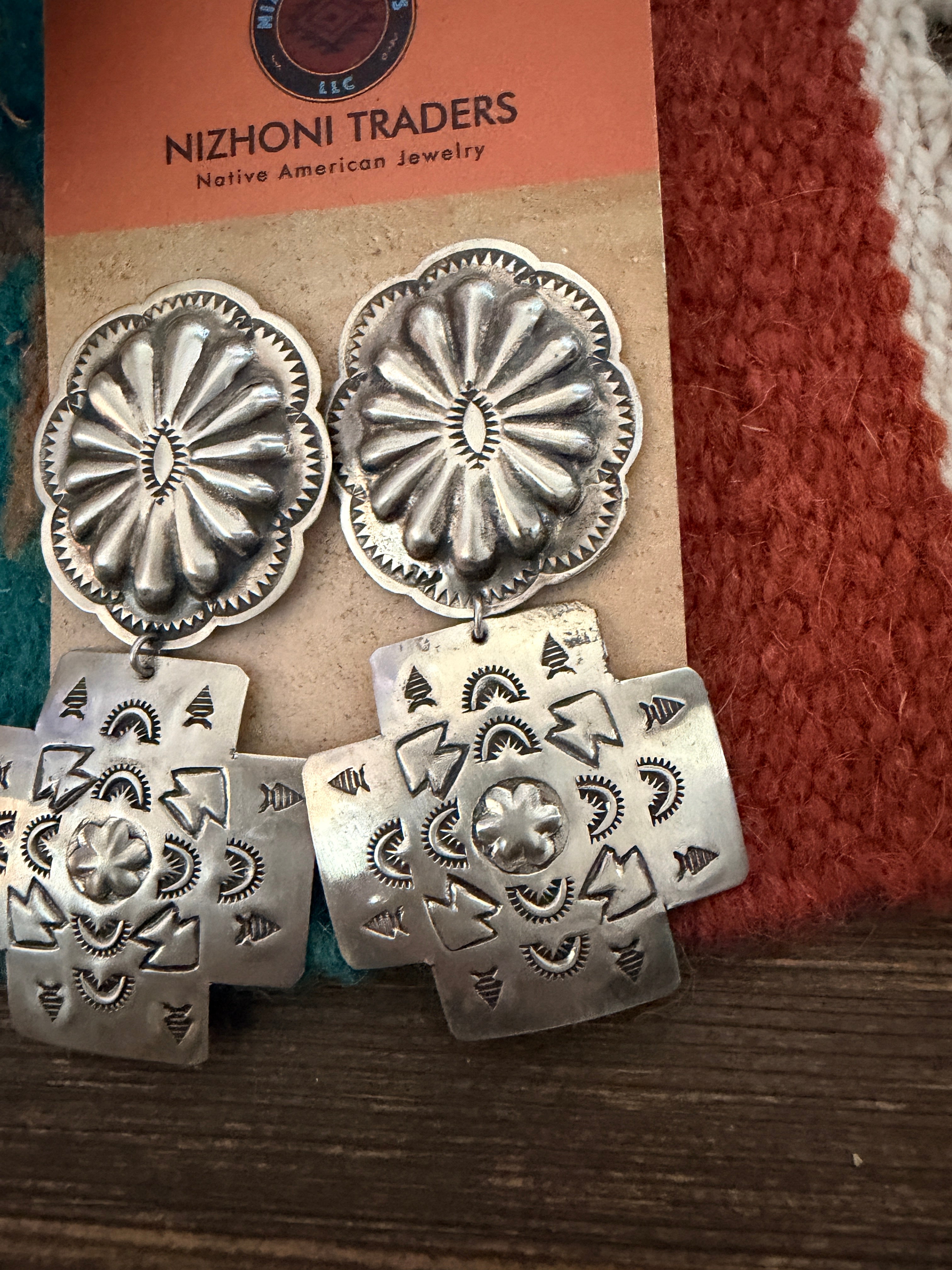 Handcrafted Old Pawn Sterling Silver Concho Cross Dangle Earrings