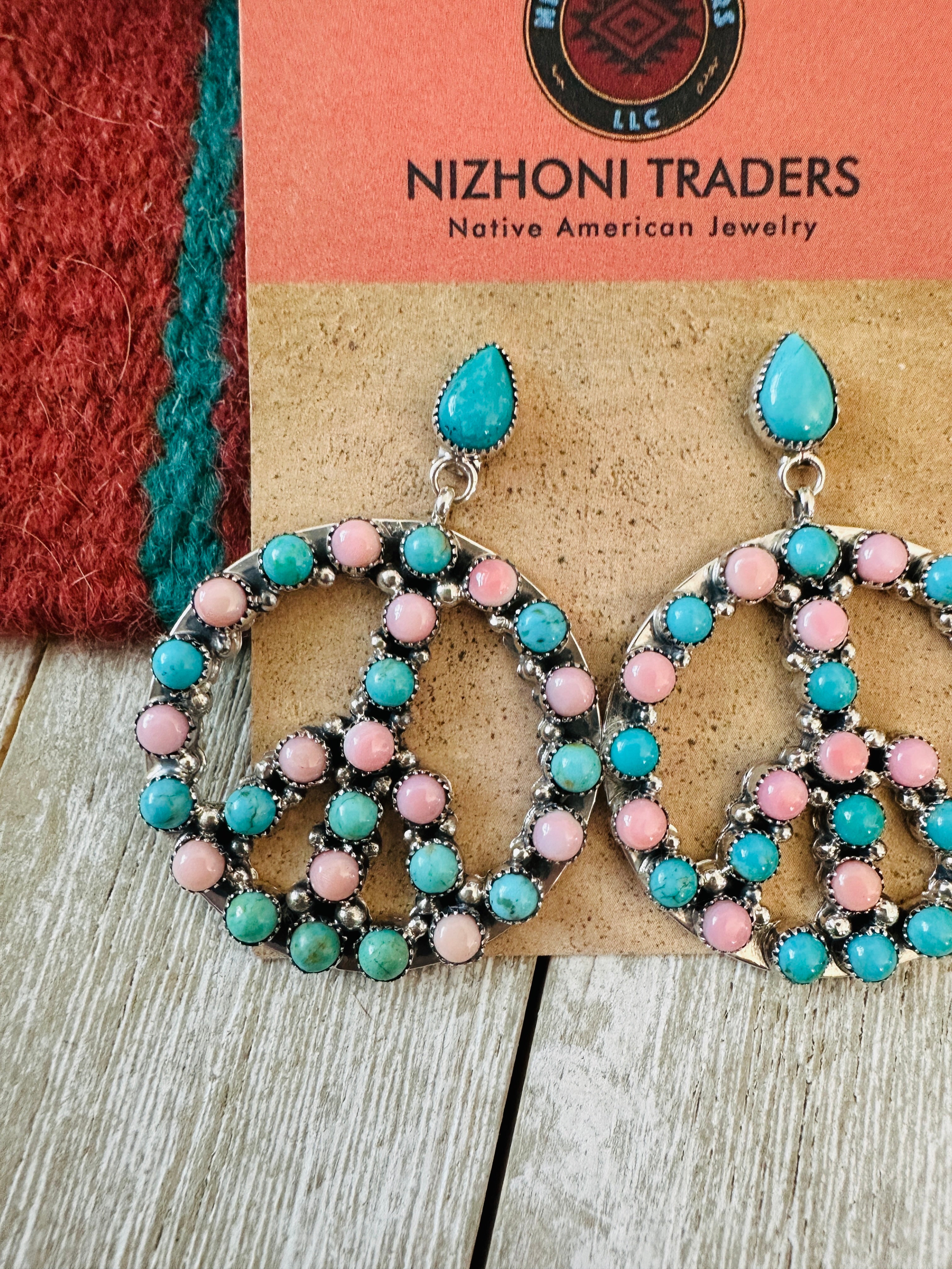 Handcrafted Turquoise, Queen Pink Conch & Sterling Silver Peace Sign Dangle Earrings