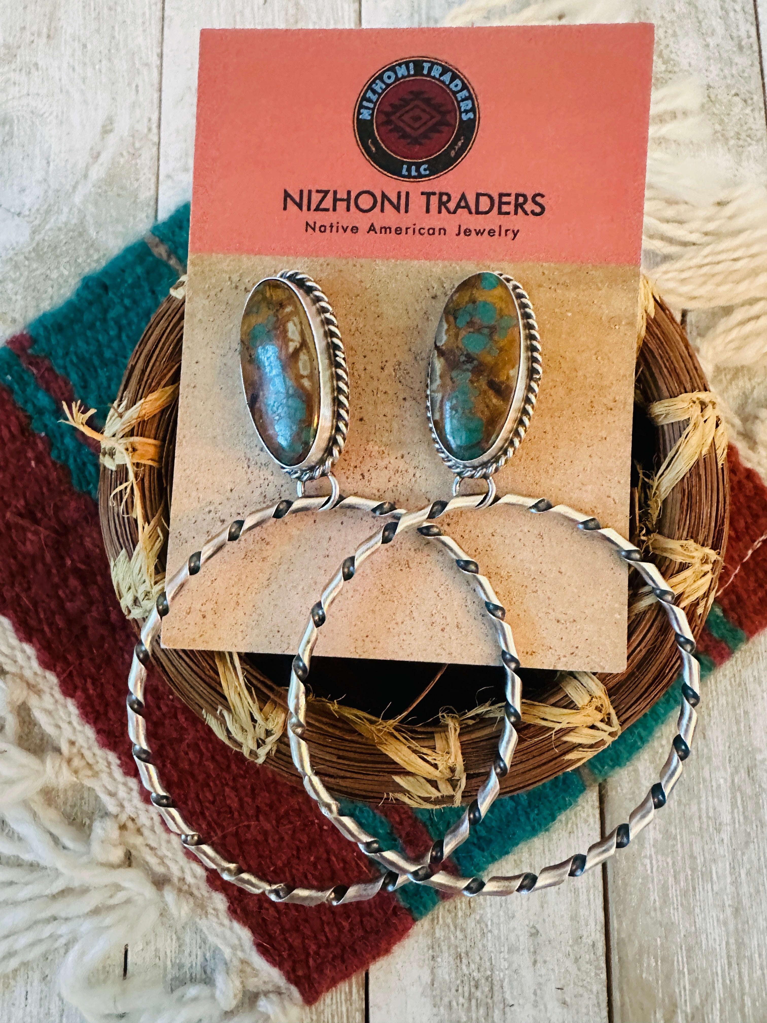 Navajo Ribbon Turquoise and Sterling Silver Dangle Hoop Earrings