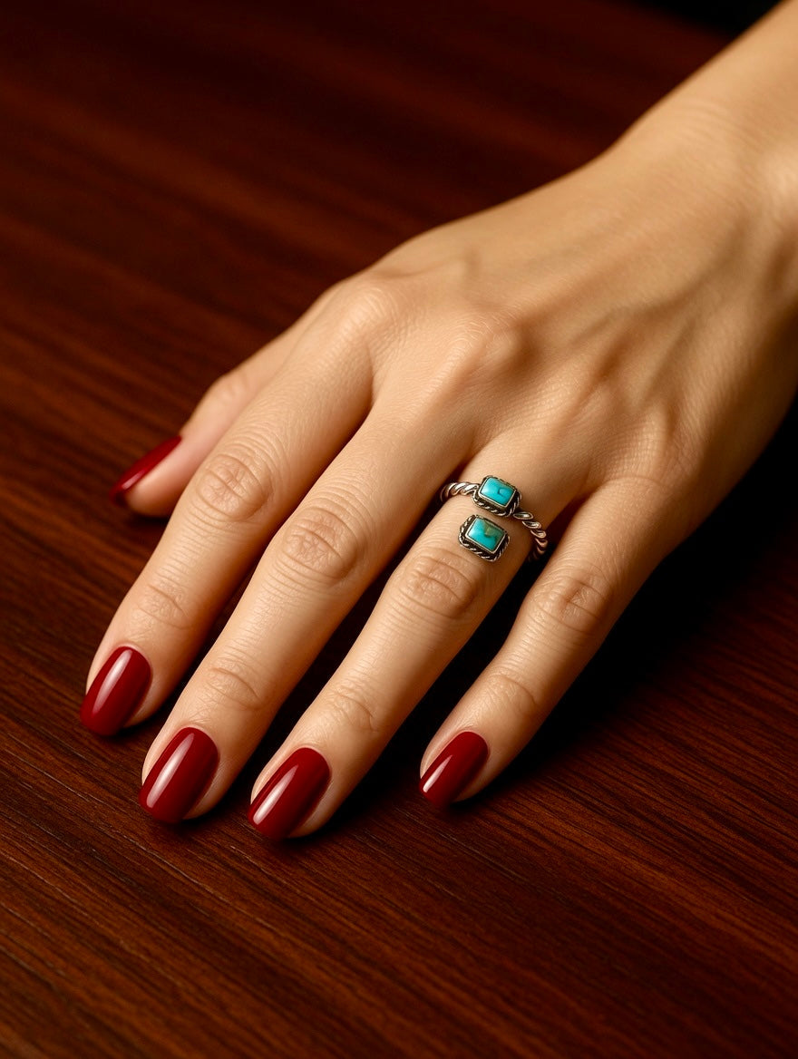 Turquoise Two Stone Sterling Silver Adjustable Ring