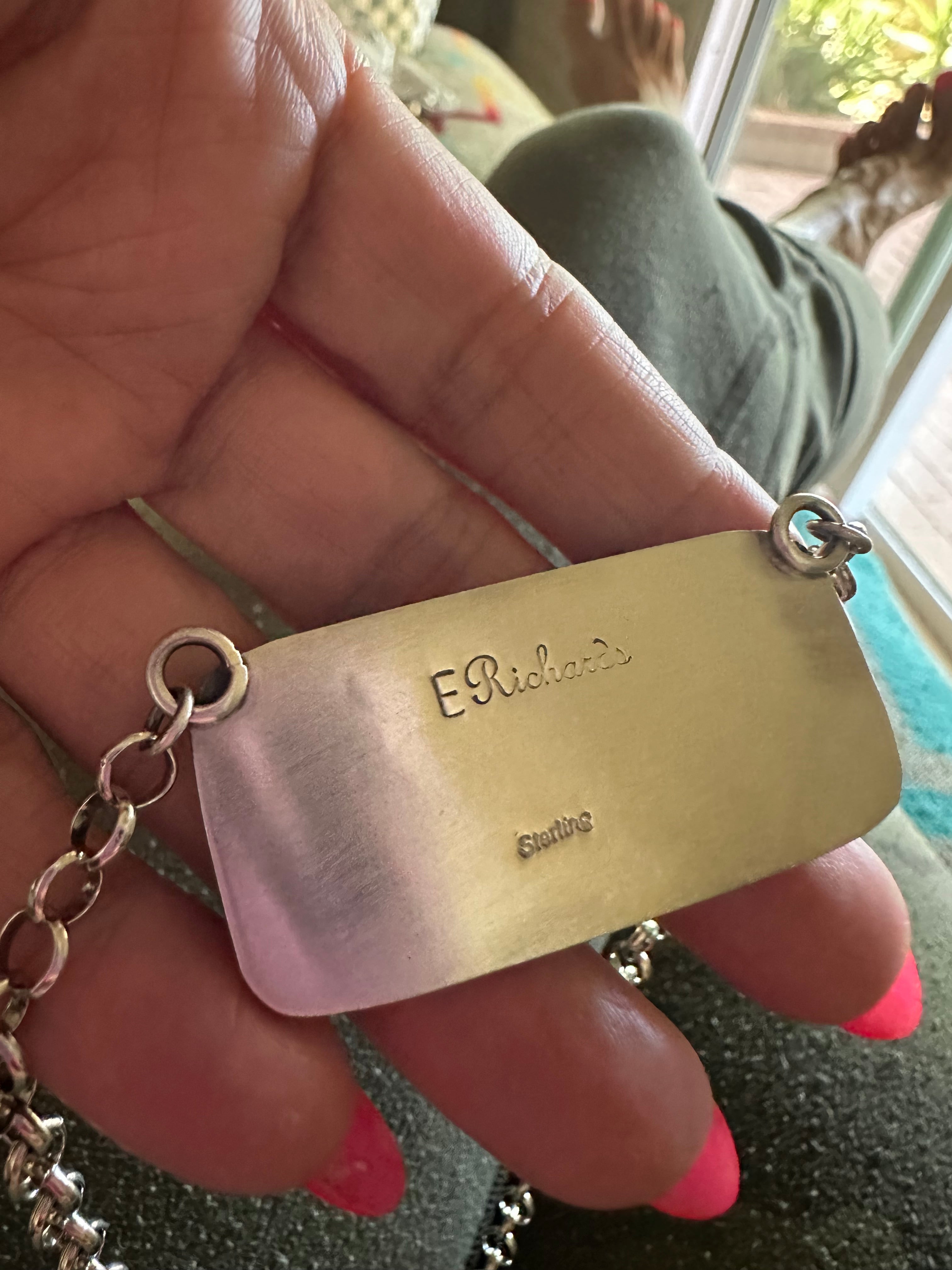 Navajo Sterling Silver & Double Row Turquoise Bar Necklace Signed E. Richards