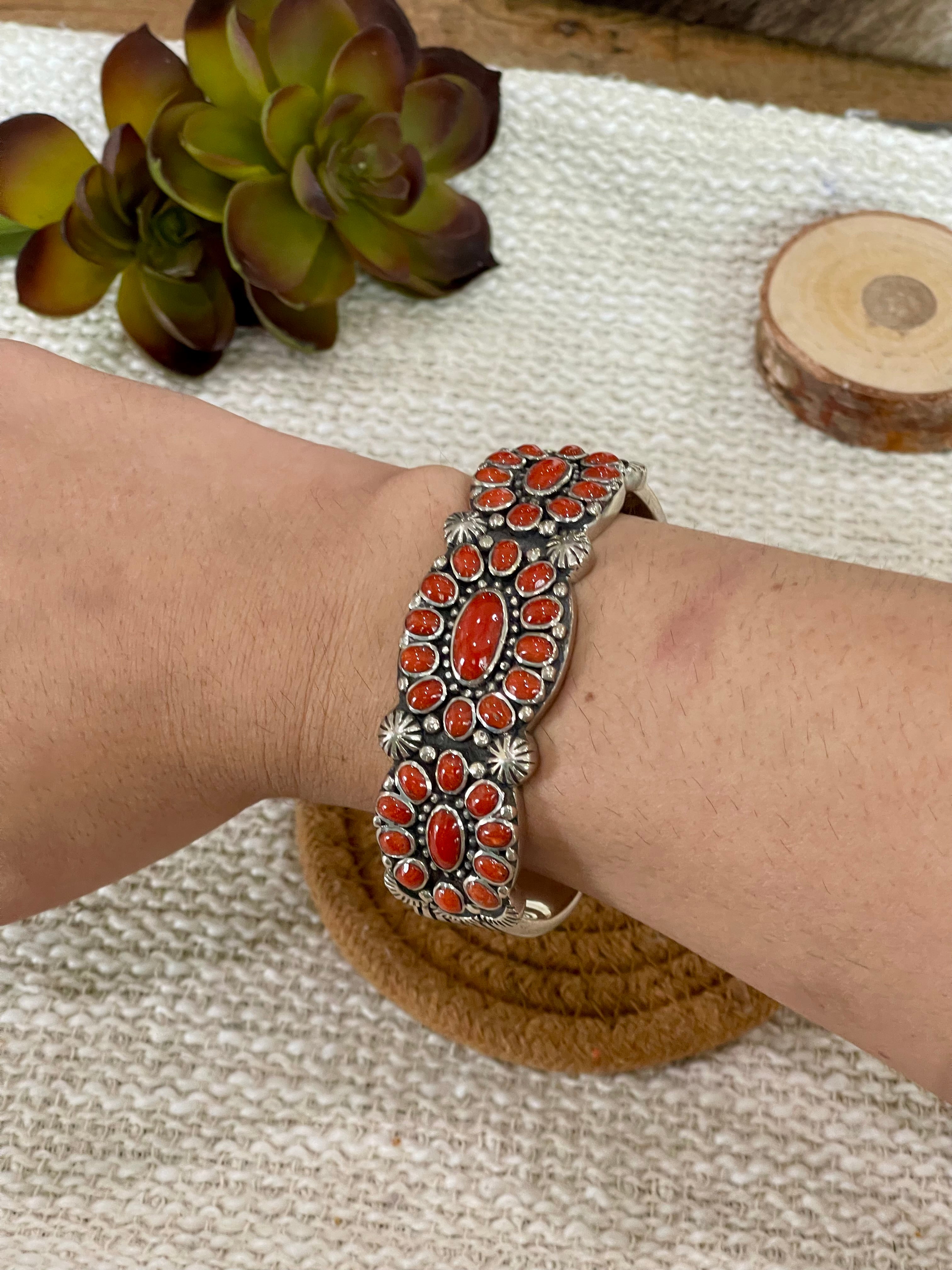 Handmade Coral & Sterling Silver Cluster Cuff Bracelet /