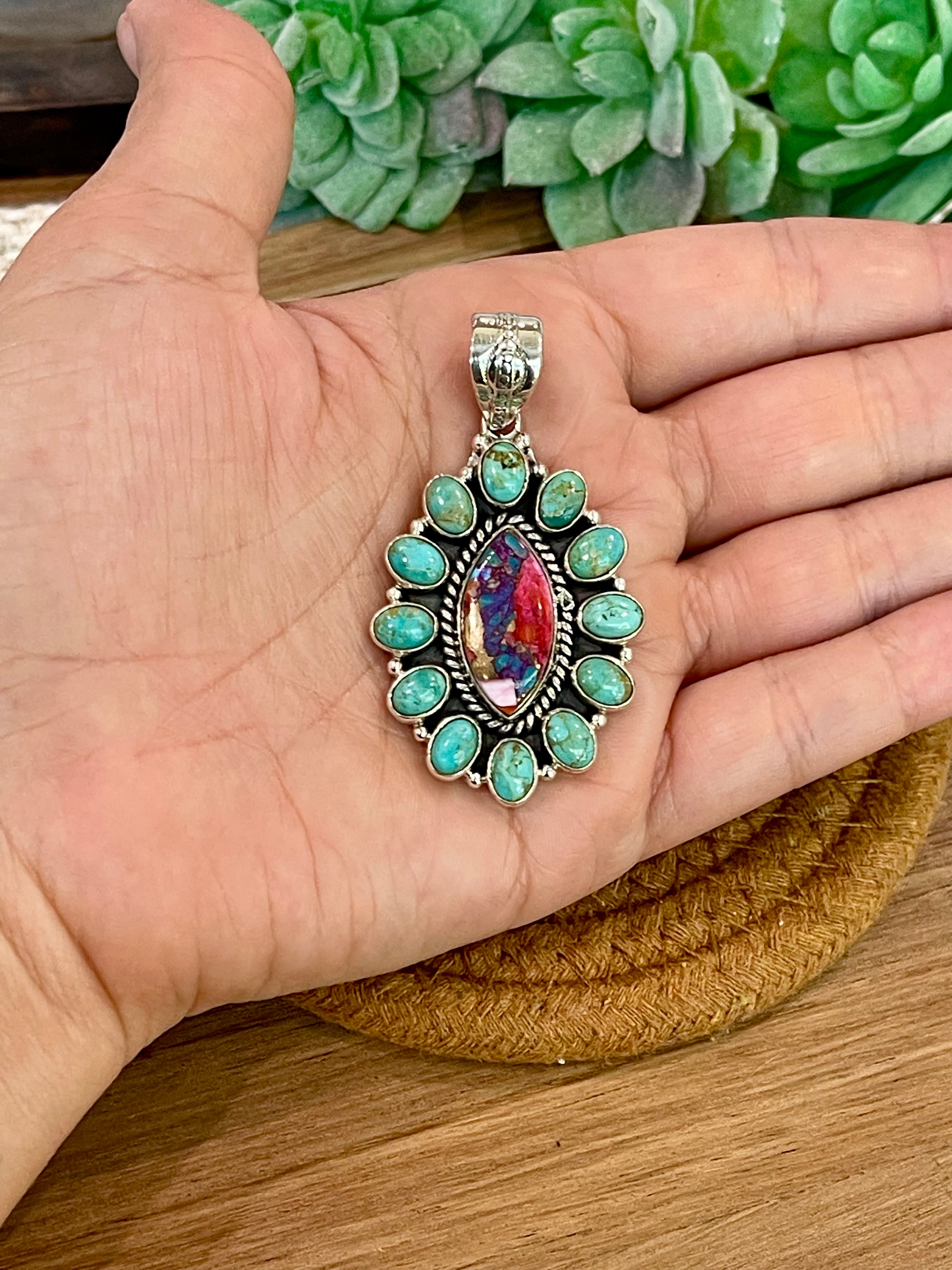 Handmade Sterling Silver,Turquoise & Pink Dream Mojave Cluster Pendant