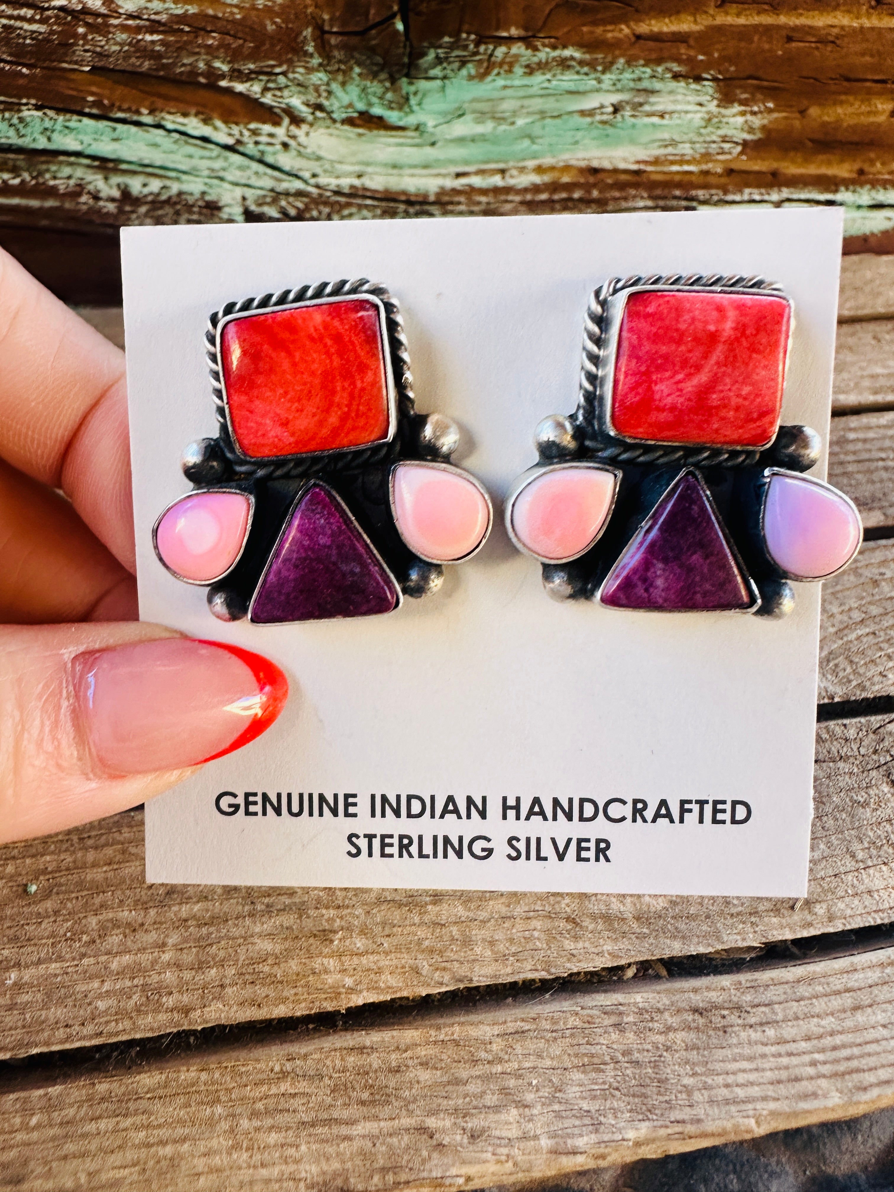 Handcrafted Spiny Oyster, Queen Pink Conch & Sterling Silver Post Earrings by Hiram Largo