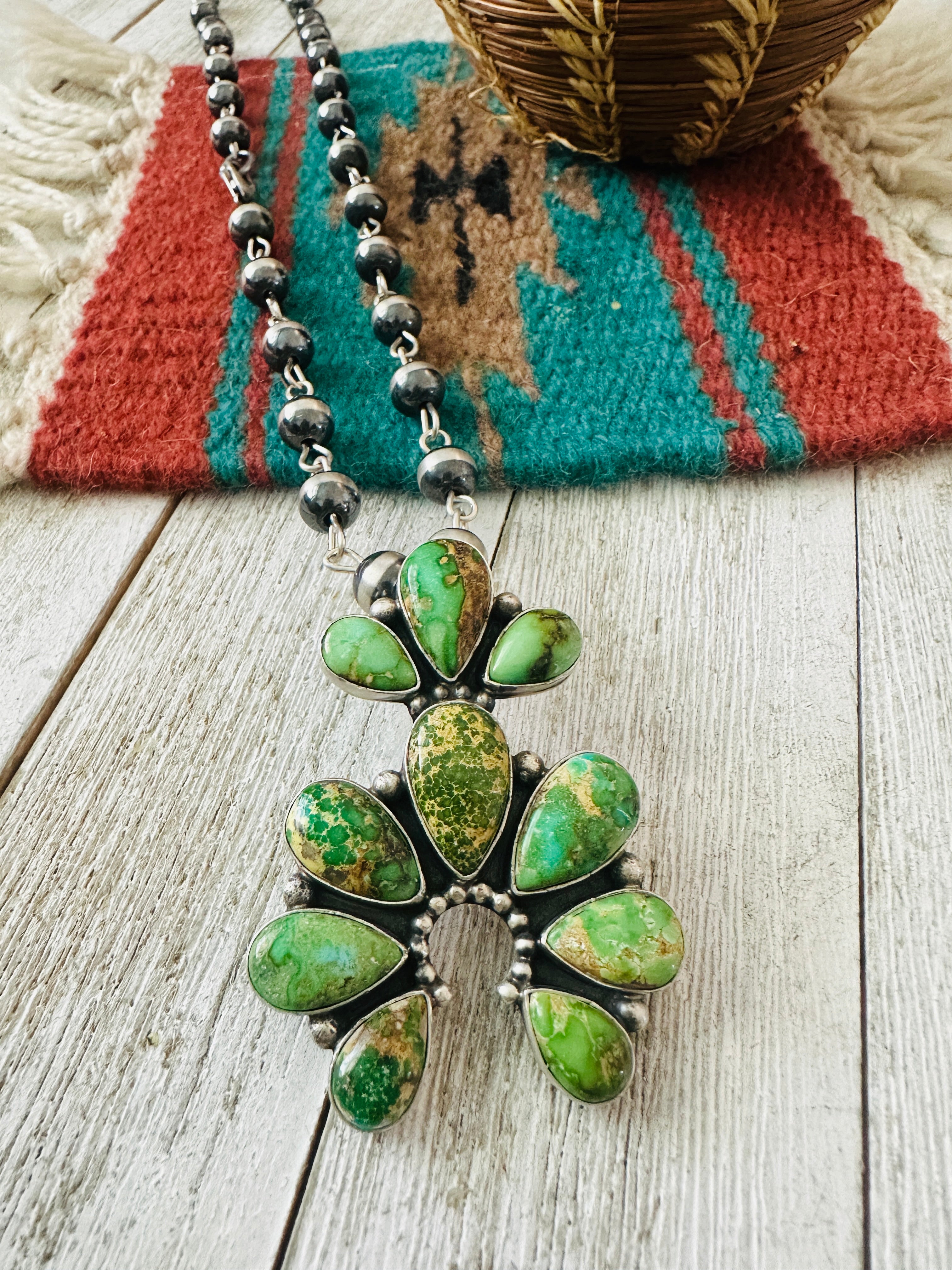 Handcrafted Sterling Silver & Sonoran Gold Turquoise Beaded Naja Necklace Signed