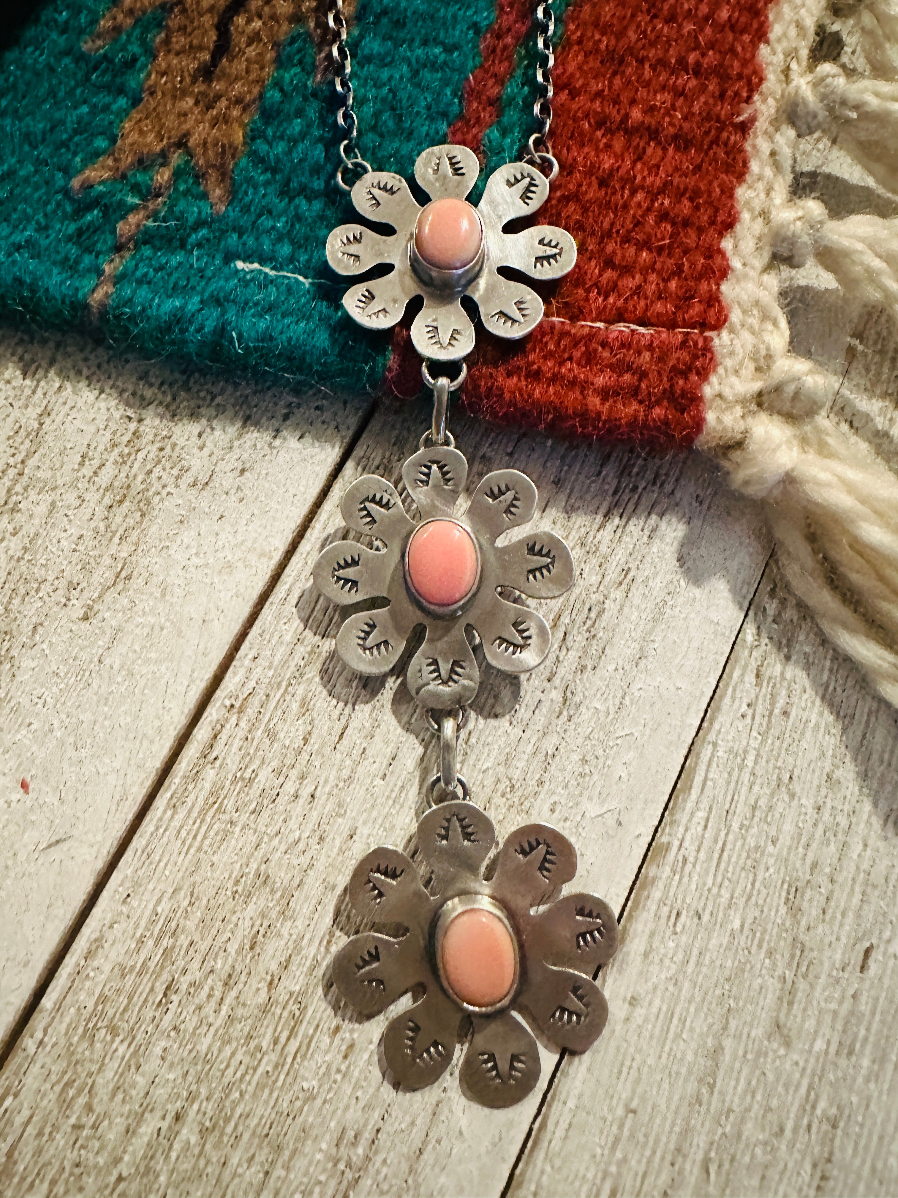 Handcrafted Sterling Silver & Queen Pink Conch Shell Flower Lariat Necklace