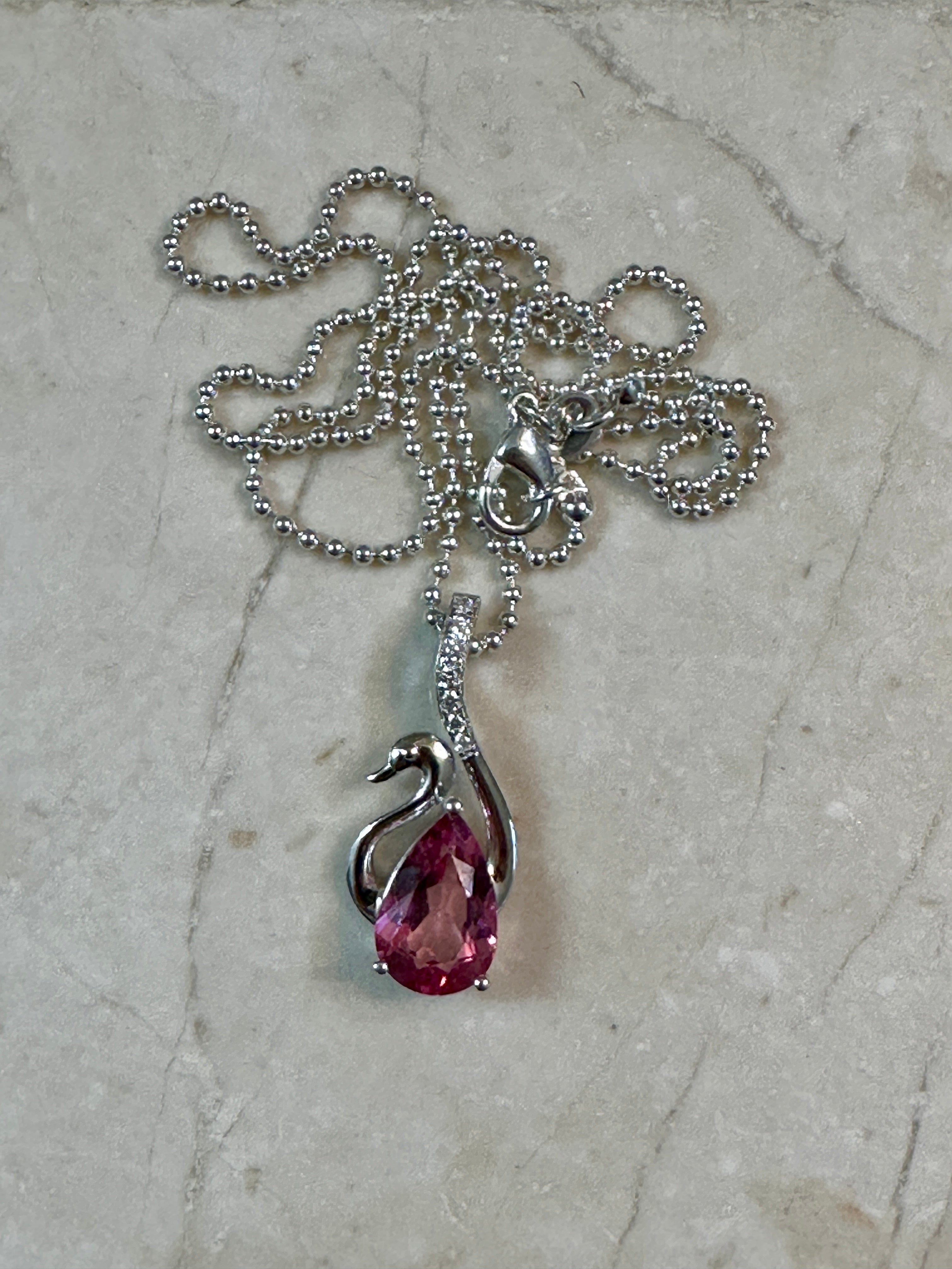 Pink Topaz Teardrop Swan Necklace