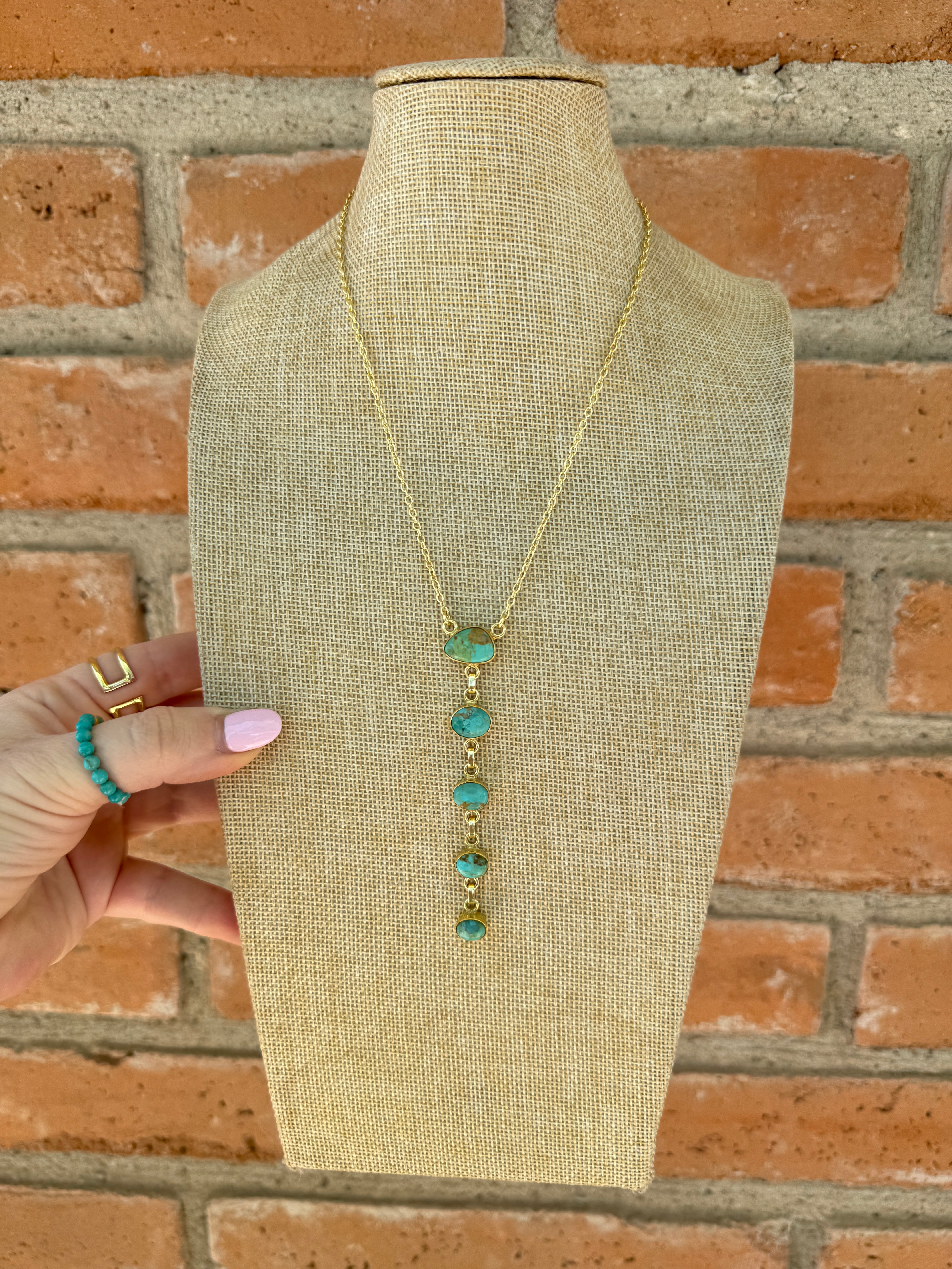 “The Golden Collection” Natural Turquoise 5 Stone Drop Handmade Gold Plated Necklace style 2