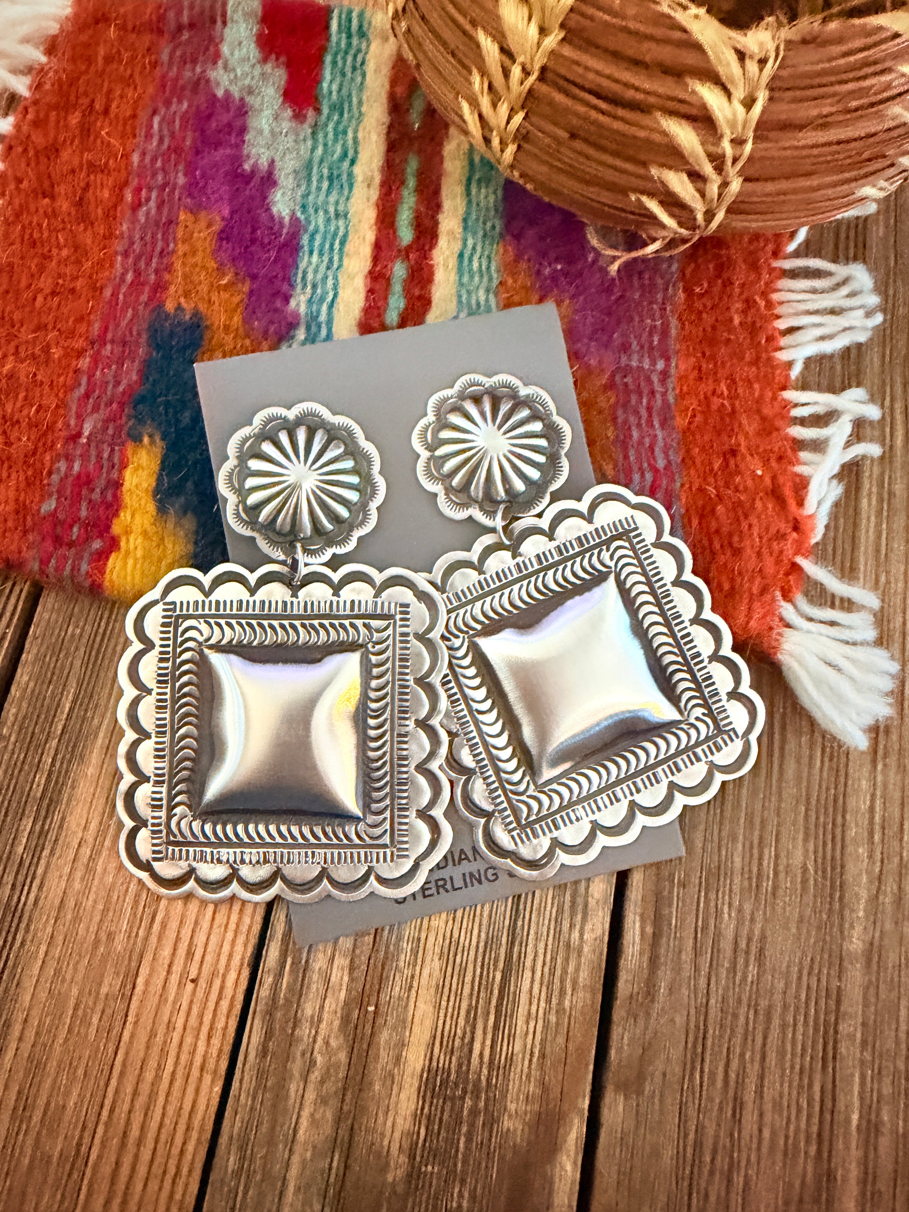 Handcrafted Sterling Silver Concho Dangle Earrings by Leander Tahe