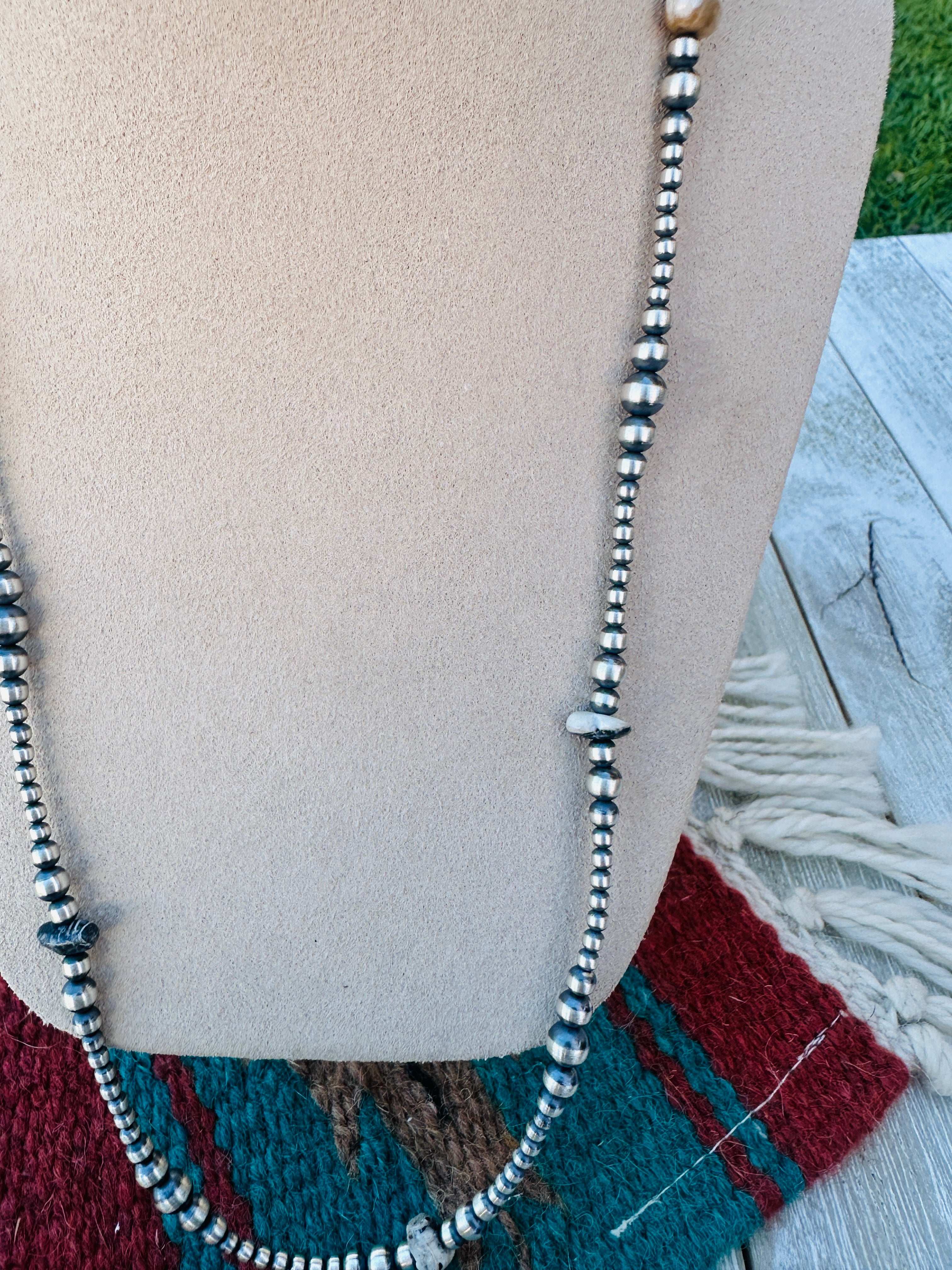 Handcrafted White Buffalo & Sterling Silver Pearl Style 24” Beaded Necklace