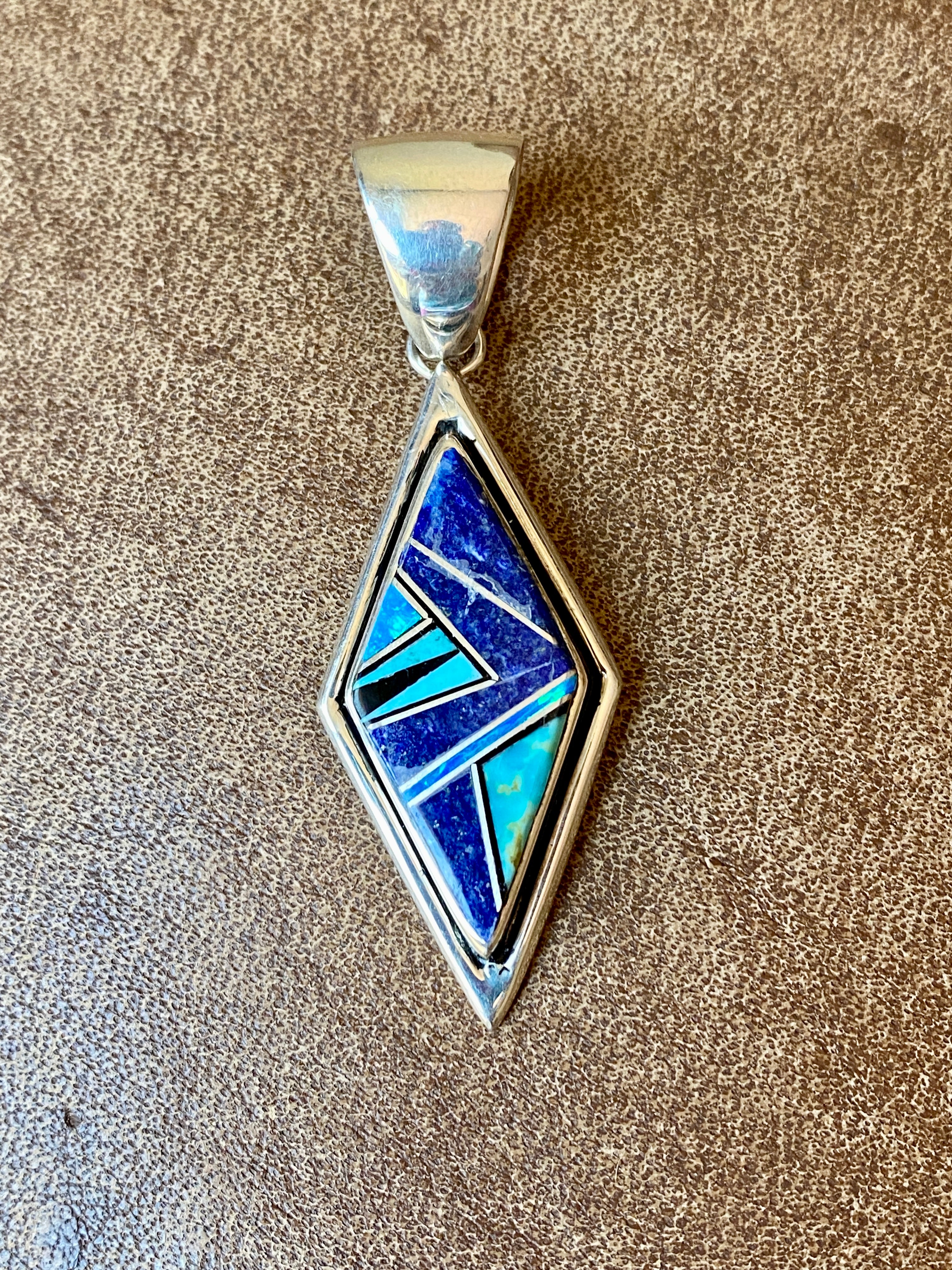 Handcrafted Lapis, Turquoise, Blue Opal Diamond Shape Pendant