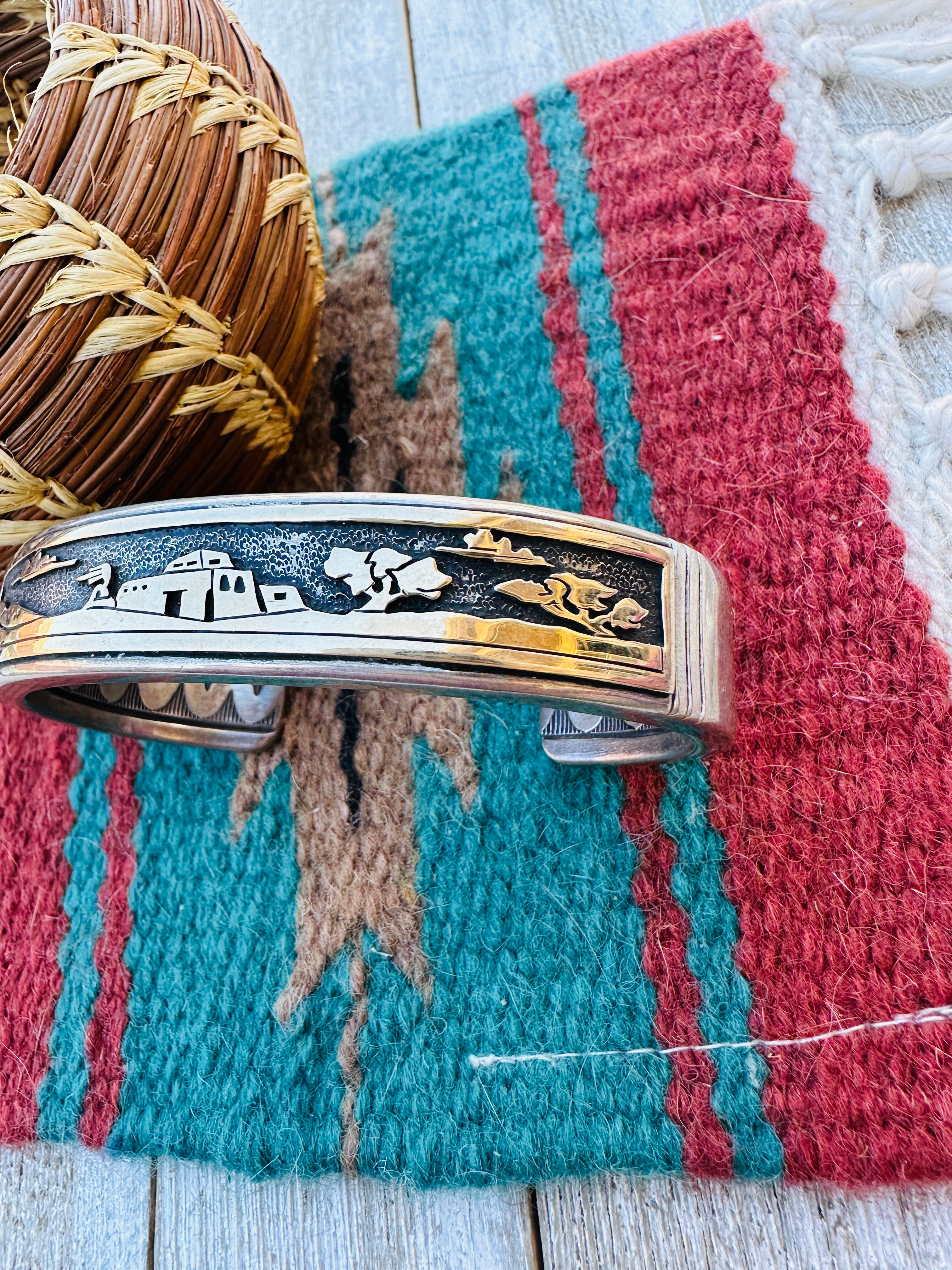 Handcrafted Old Pawn Sterling Silver with 14K Gold Overlay Storyteller Cuff Bracelet