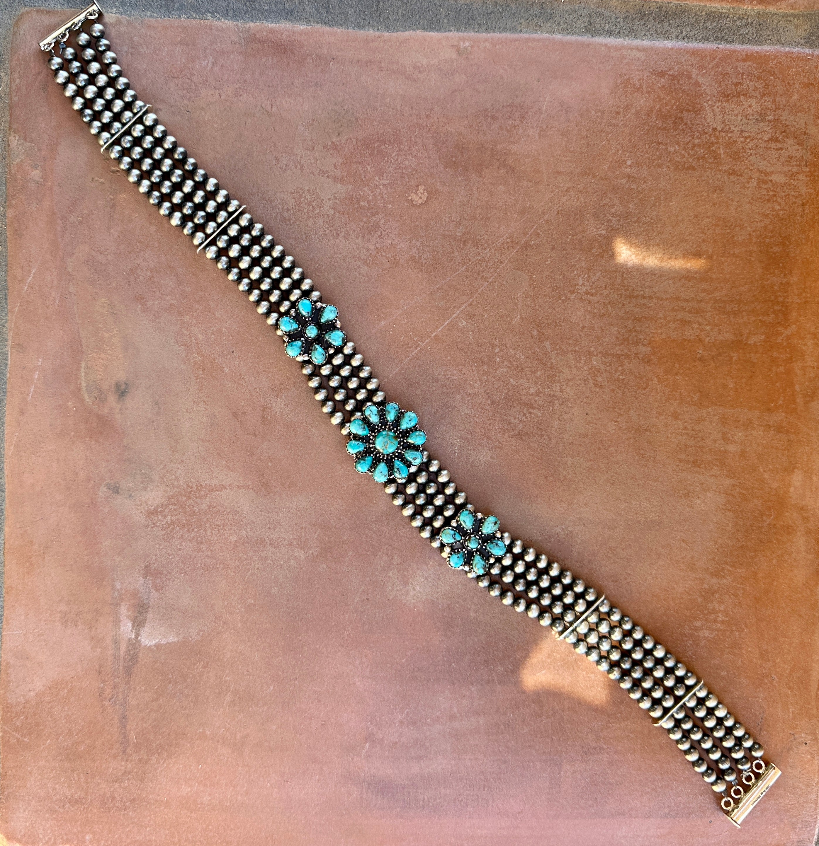 Handmade Sterling Silver Pearl & Natural Turquoise Choker Necklace Signed Nizhoni