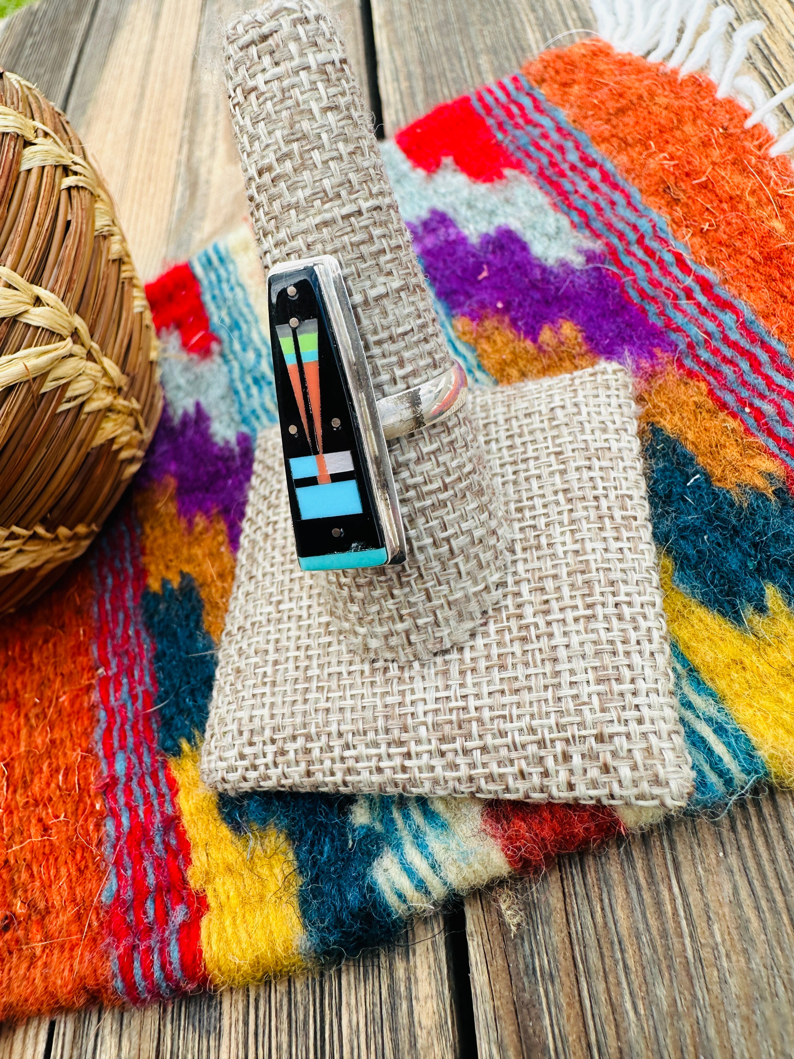 Handcrafted Multi Stone & Sterling Silver Inlay Adjustable Ring by Gilbert Smith