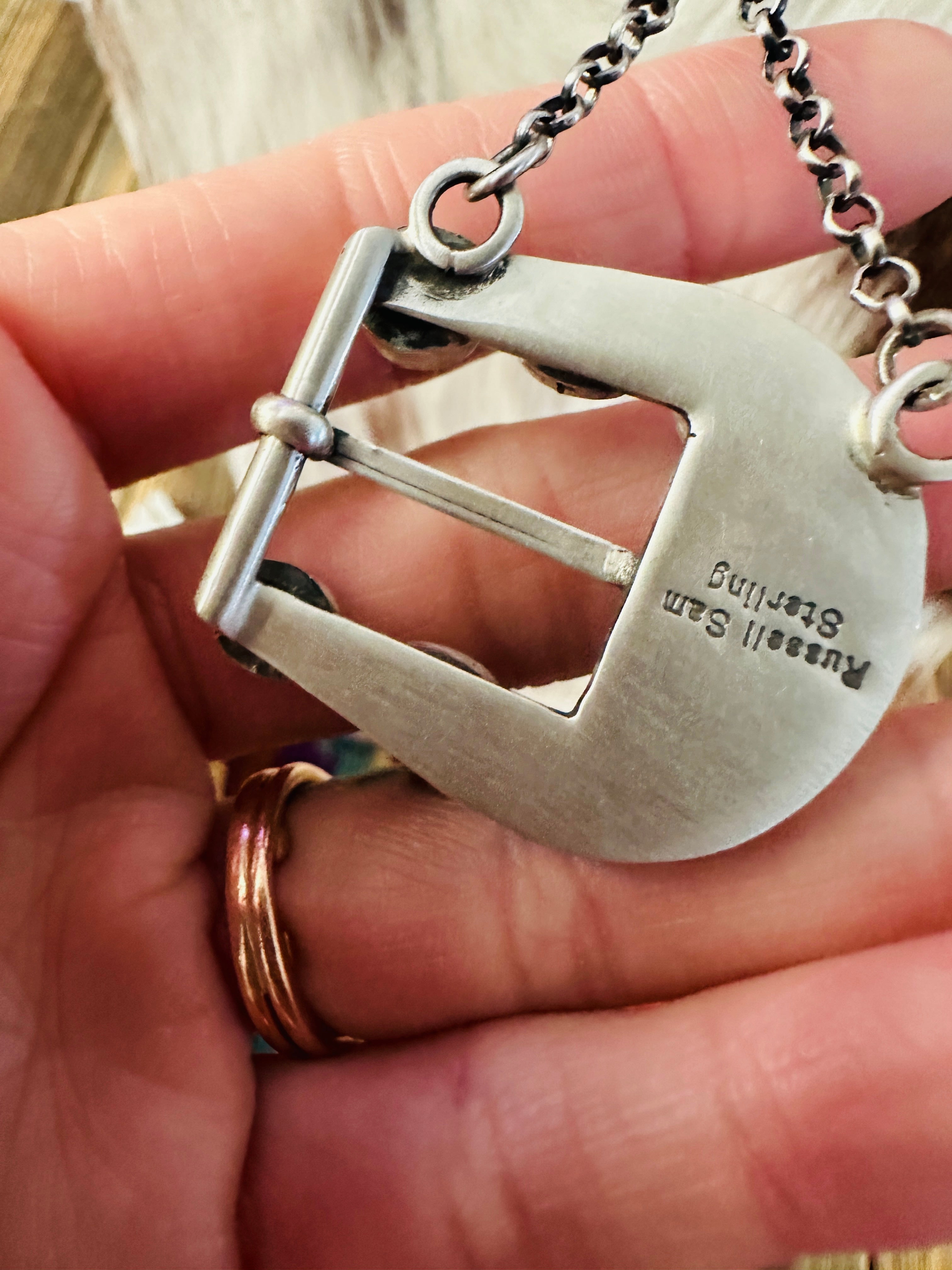 Handcrafted Golden Hills Turquoise & Sterling Silver Belt Buckle Necklace by Russell Sam