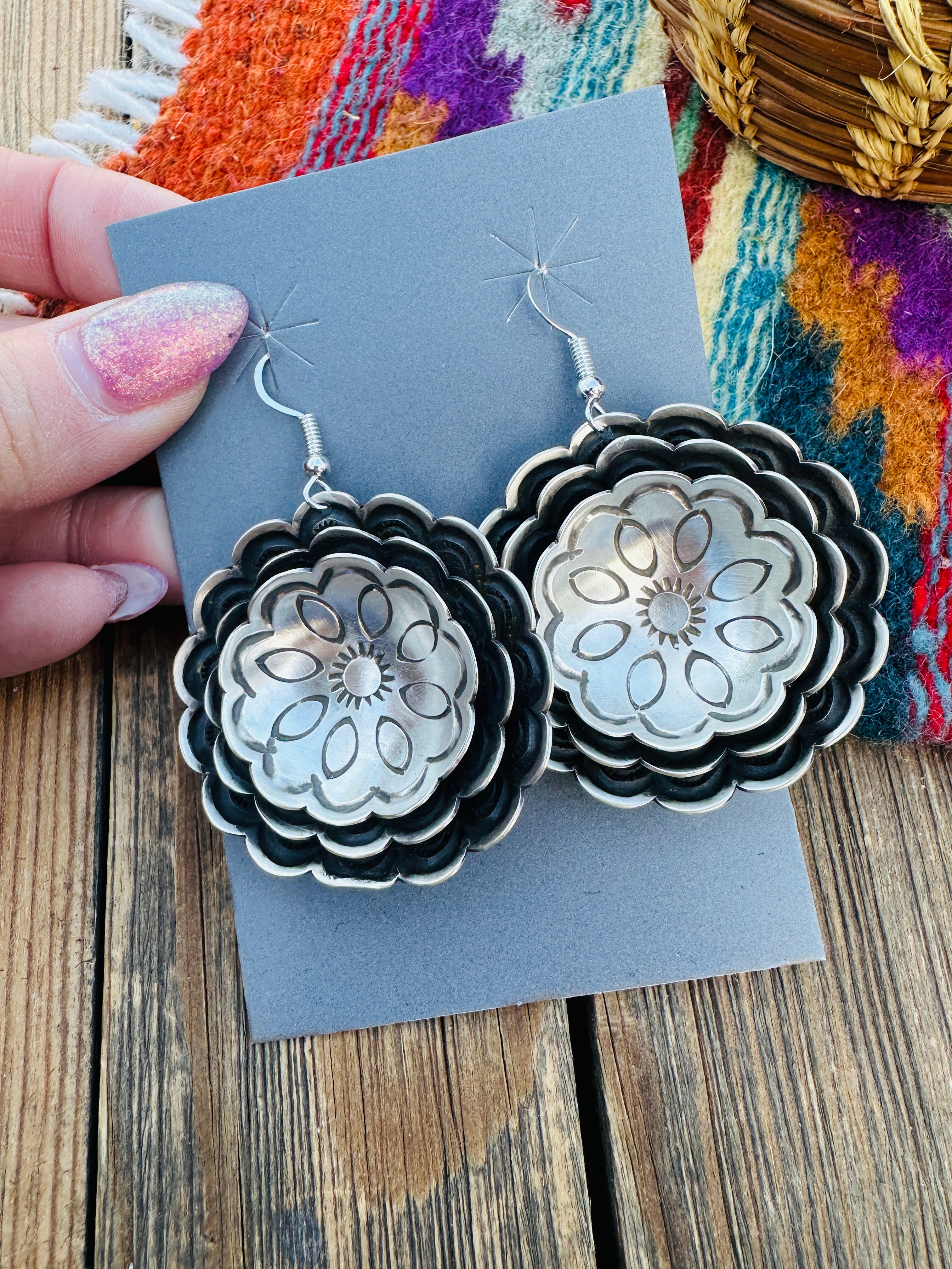 Handcrafted Sterling Silver Concho Dangle Earrings by Leander Tahe