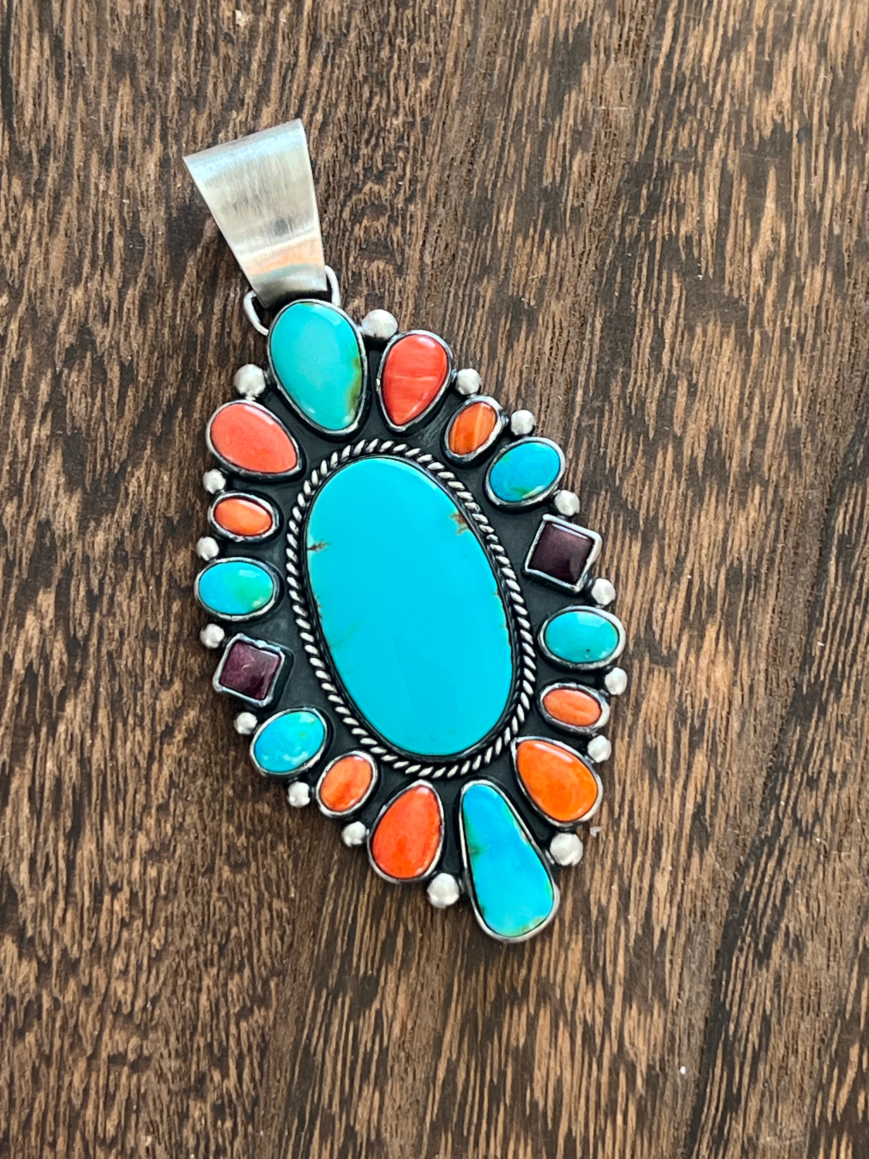 Handcrafted Electric Rainbow Turquoise and Spiny Oyster Pendant by Angela Martin