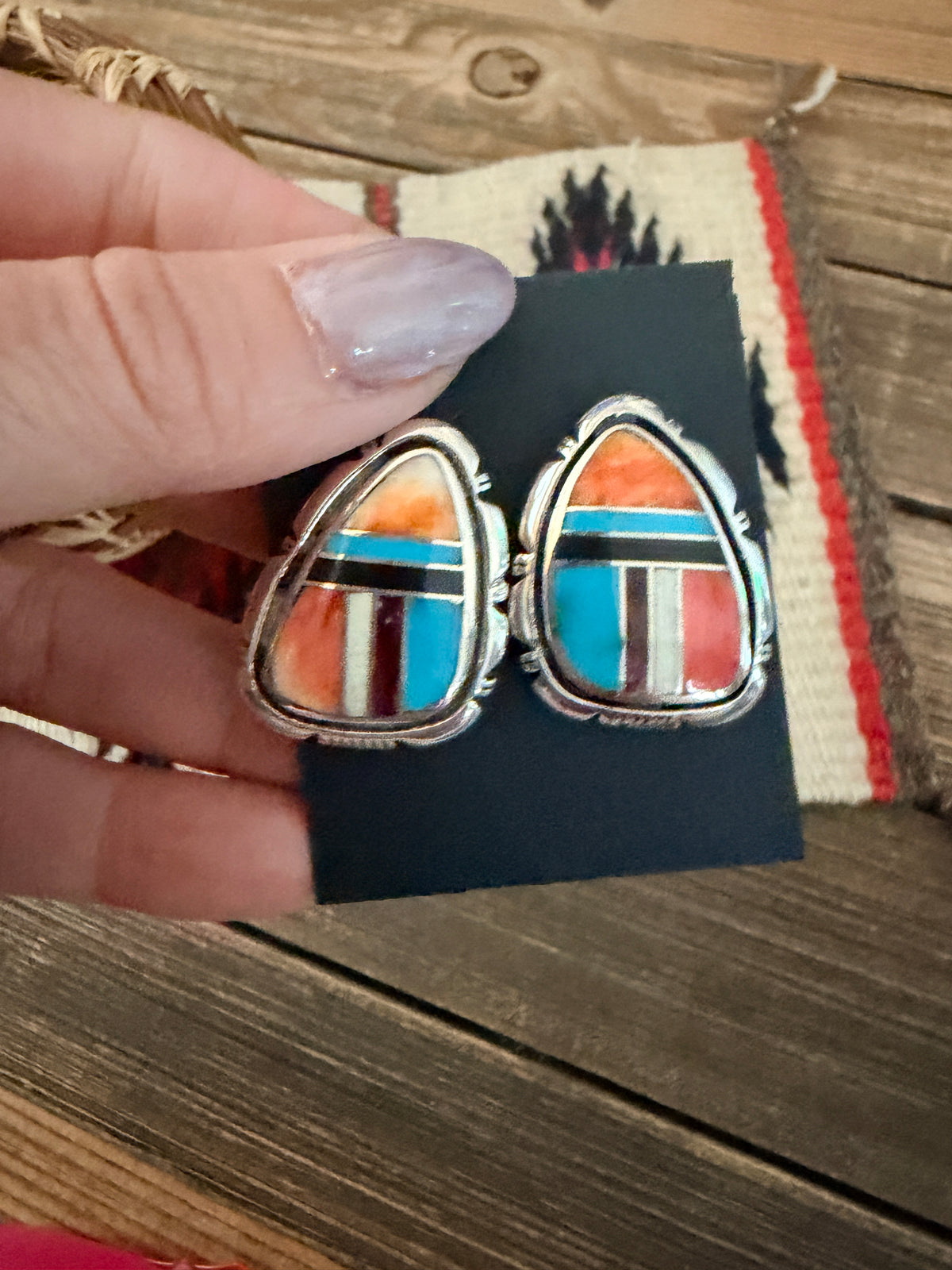 Handcrafted Multi Stone & Sterling Silver Inlay Post Earrings