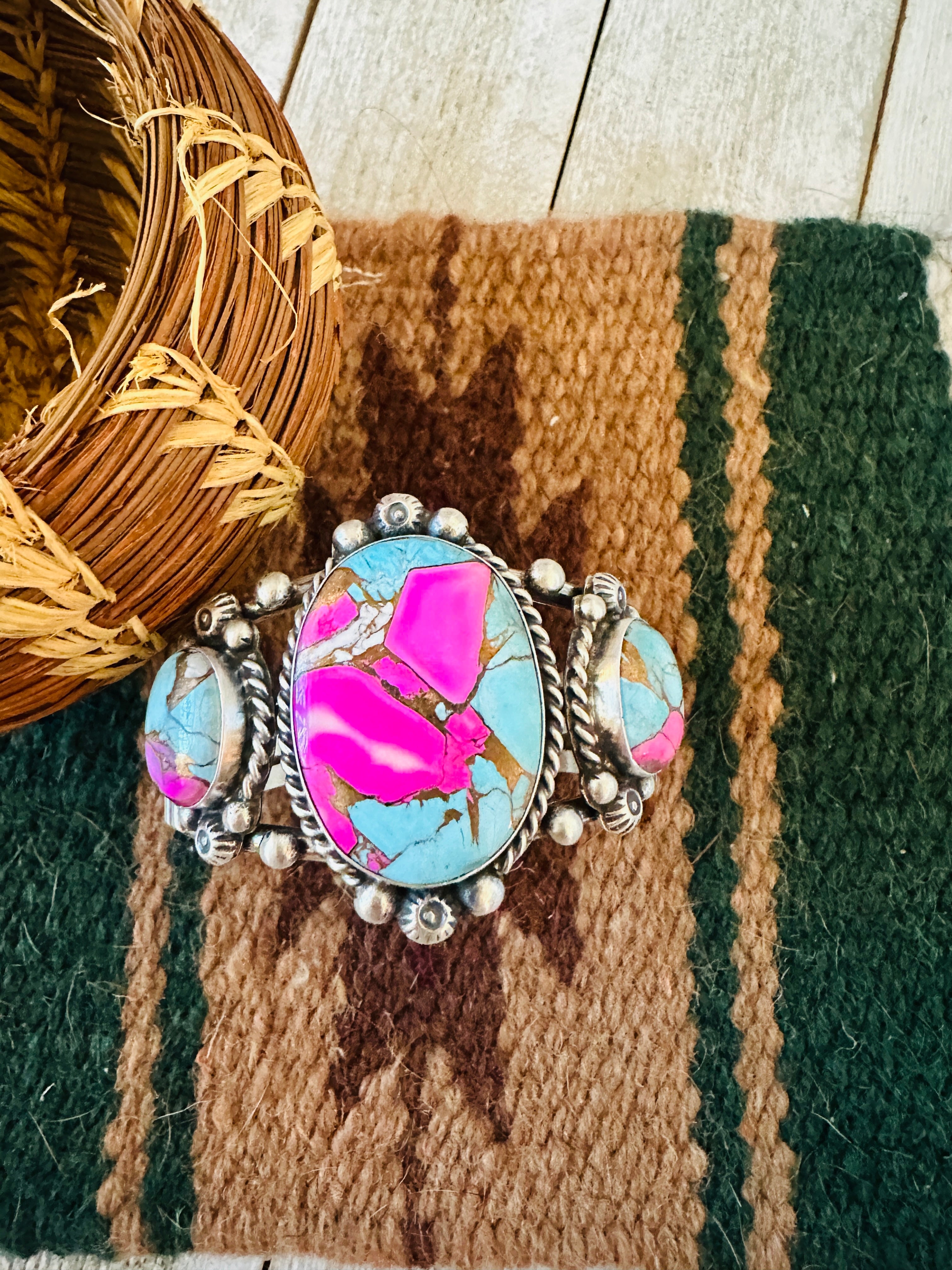 Handcrafted Cotton Candy & Sterling Silver Cuff Bracelet