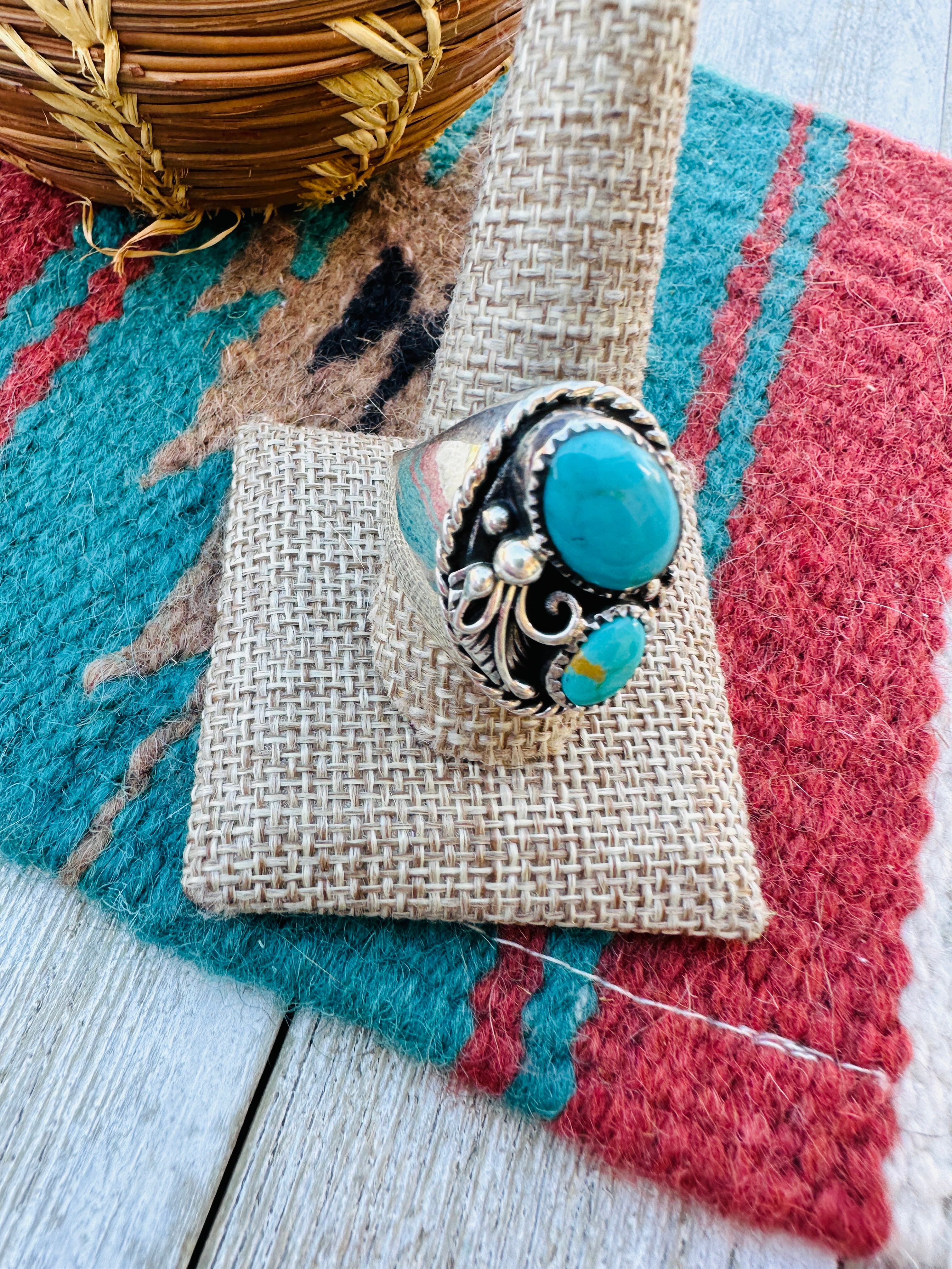 Handcrafted Turquoise & Sterling Silver Cigar Band Ring Size 10.5