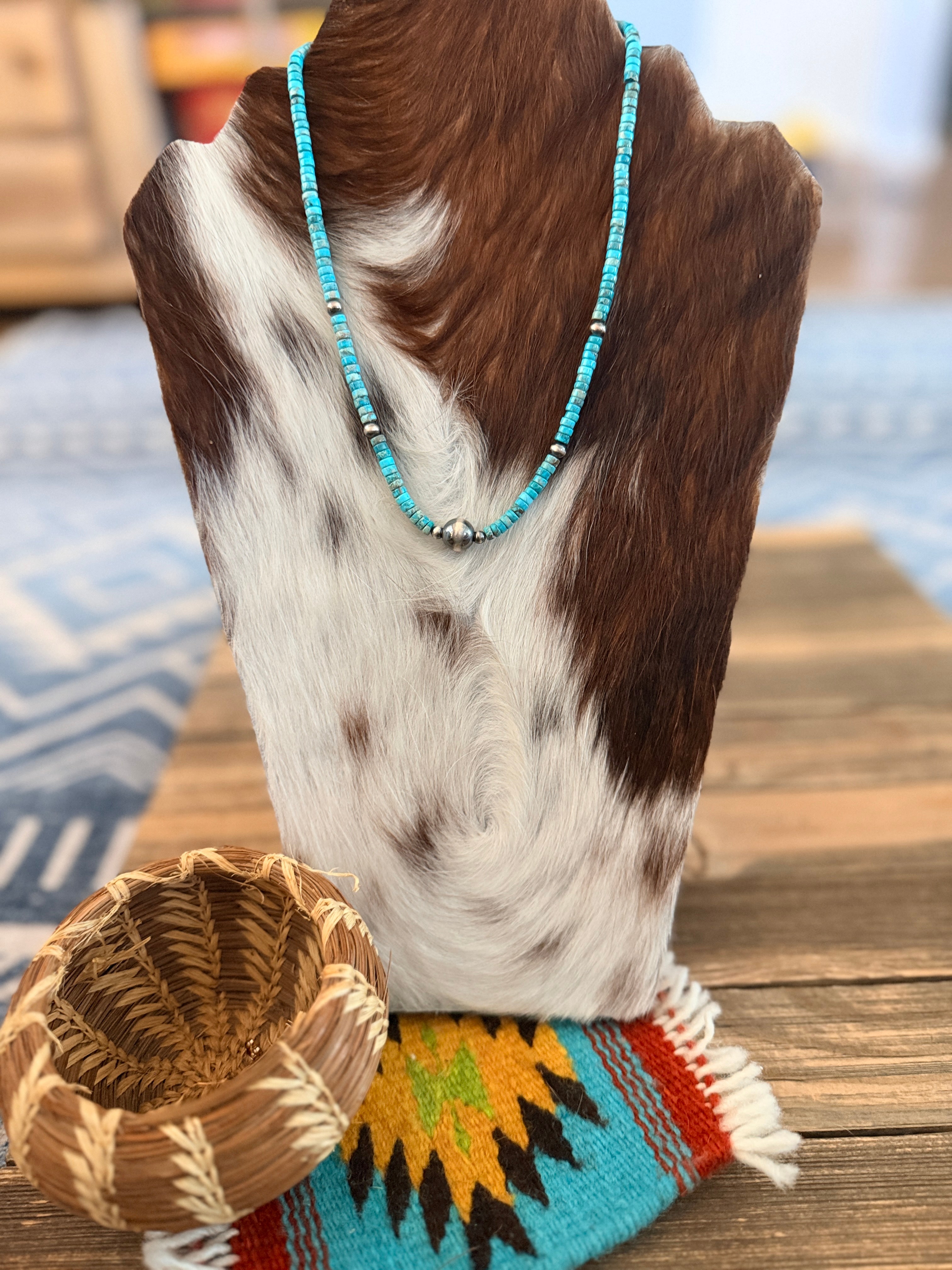 Handmade Sterling Silver & Kingman Turquoise Beaded Necklace