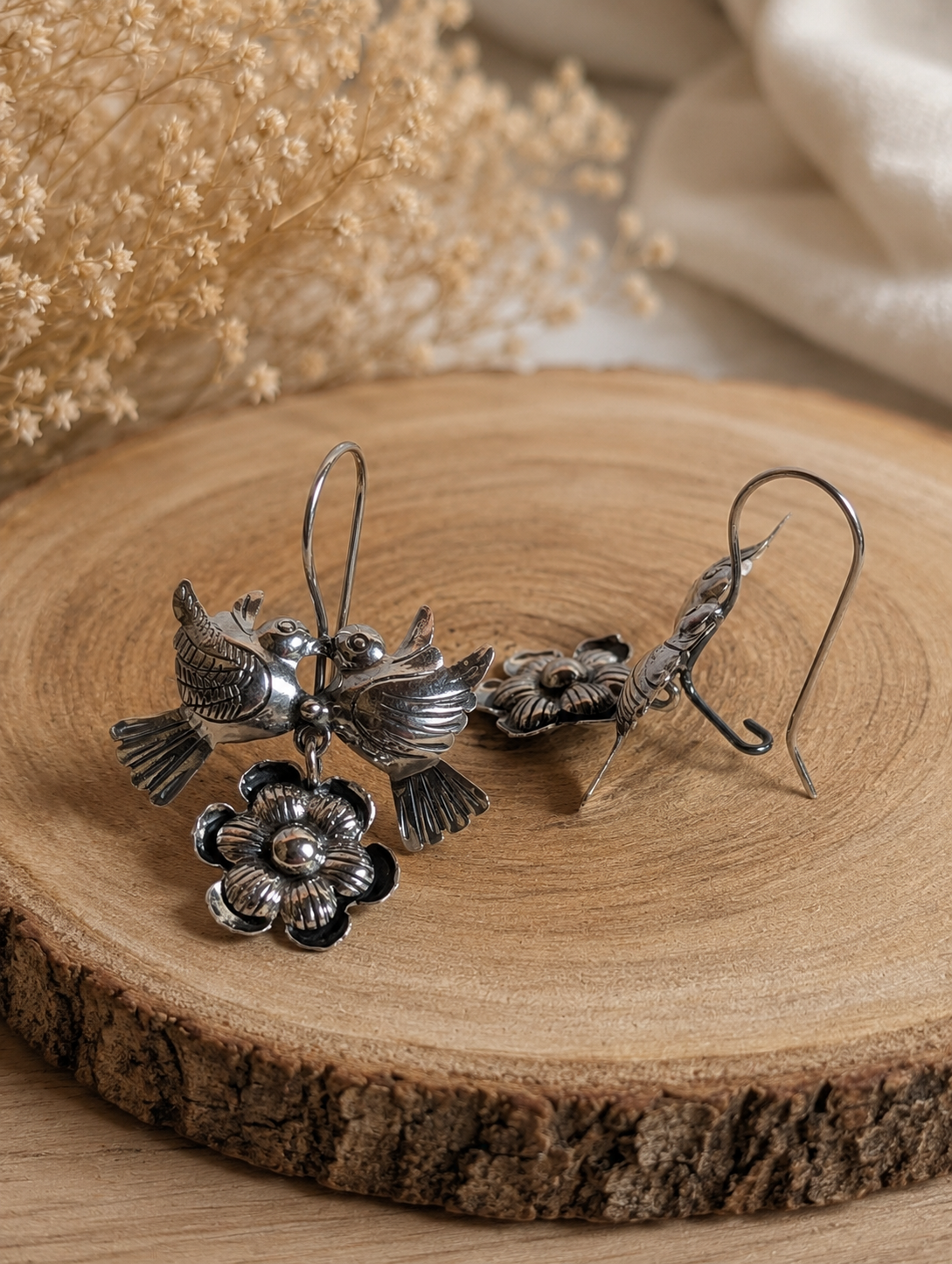 LoveBird Kissing Doves With Flower Blossom Sterling Silver Dangle Earrings