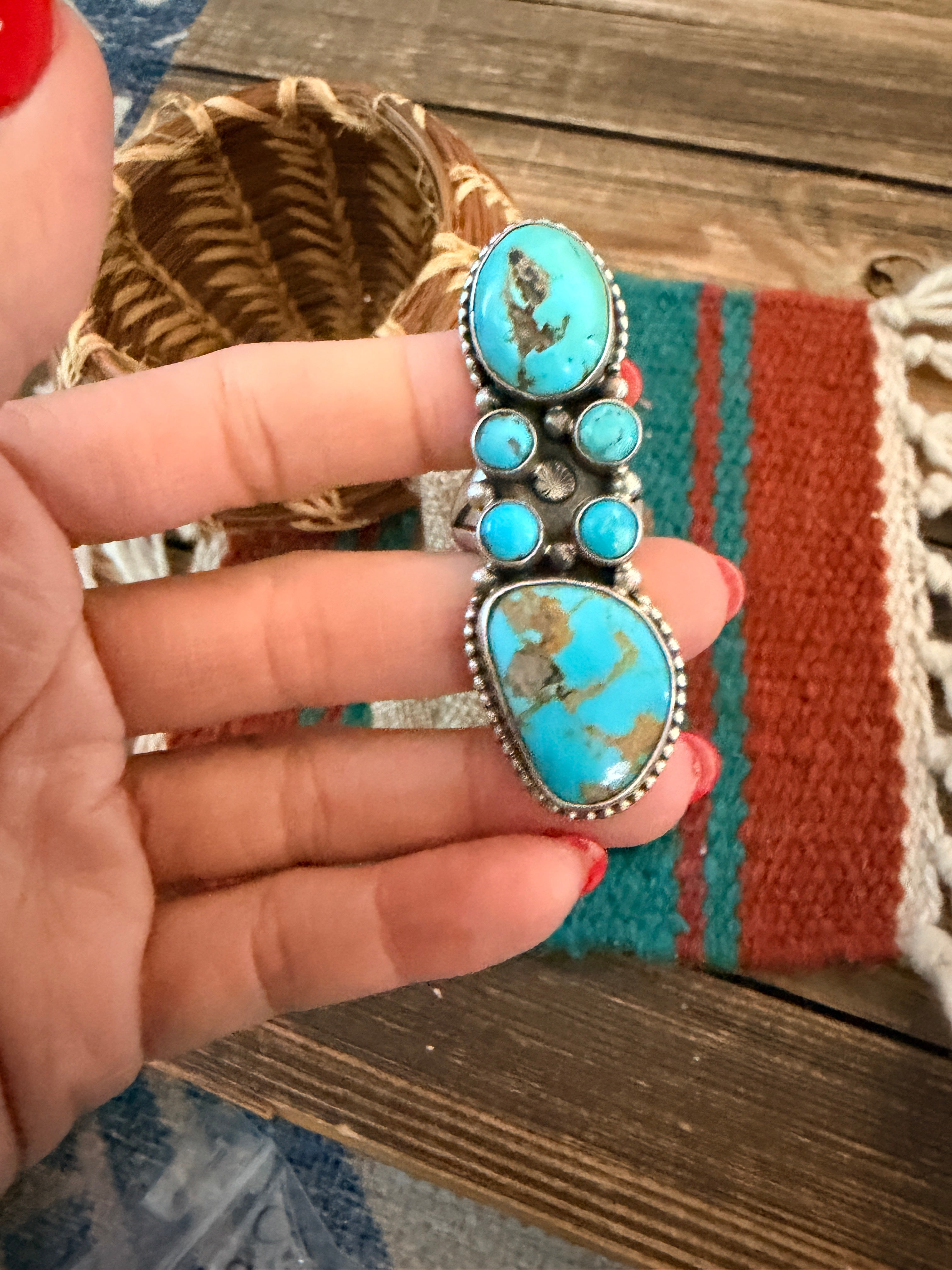 Handcrafted Kingman Turquoise & Sterling Silver Cluster Ring Size 8 by Sheila Becenti