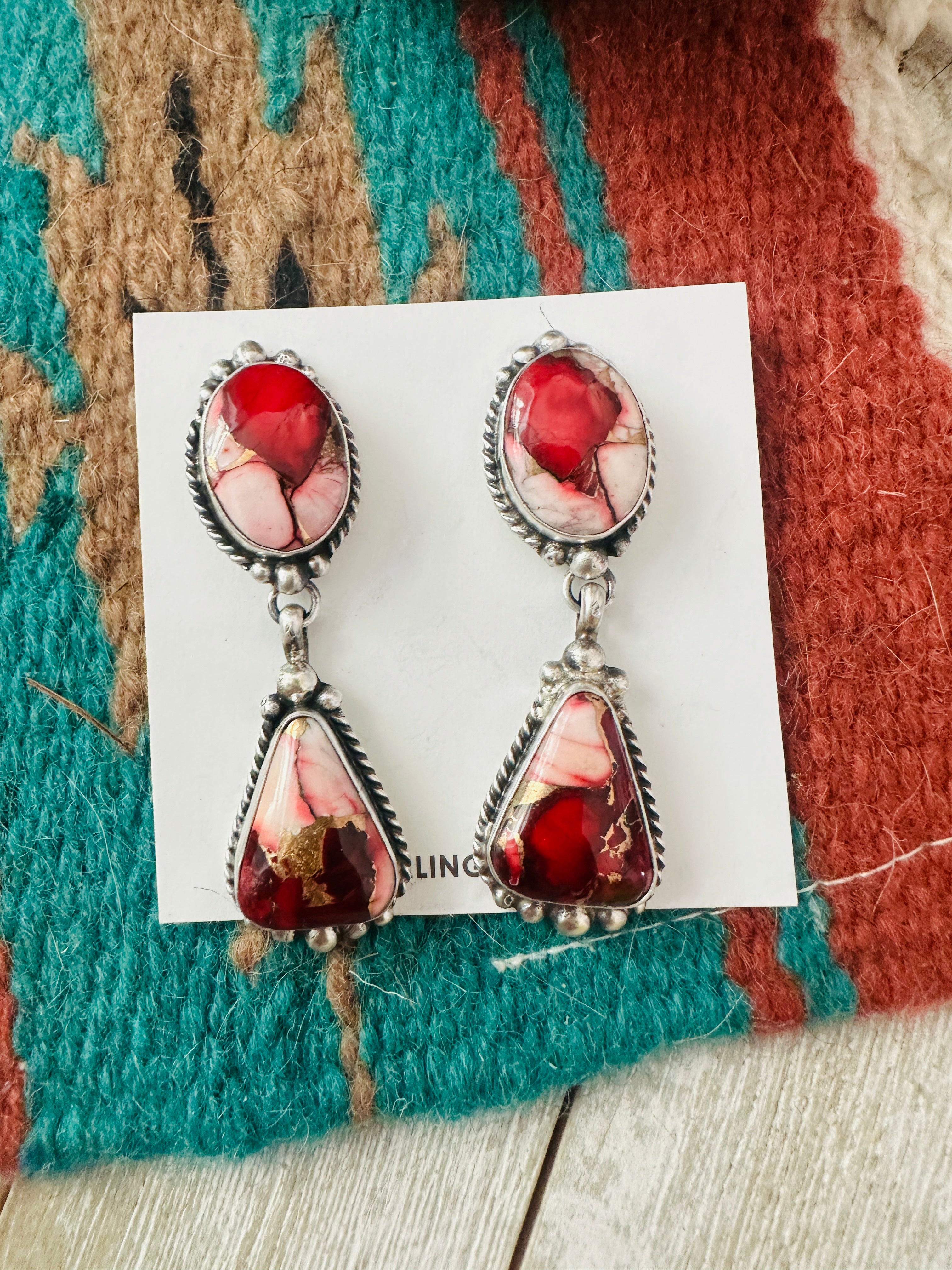 Navajo Rose Dahlia and Sterling Silver Dangle Earrings