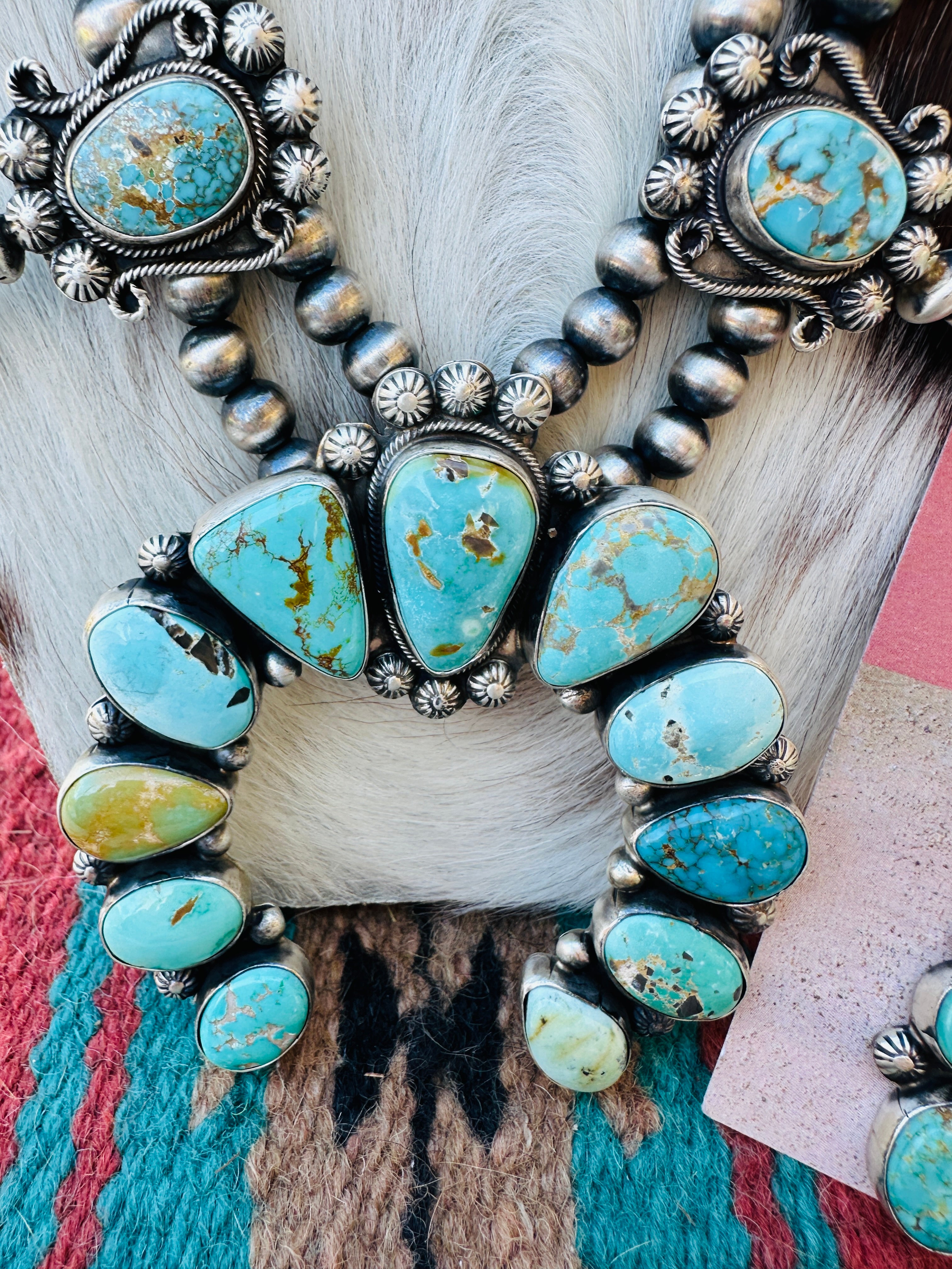 Handcrafted Turquoise & Sterling Silver Squash Blossom Necklace and Earring Set by Bobby Johnson