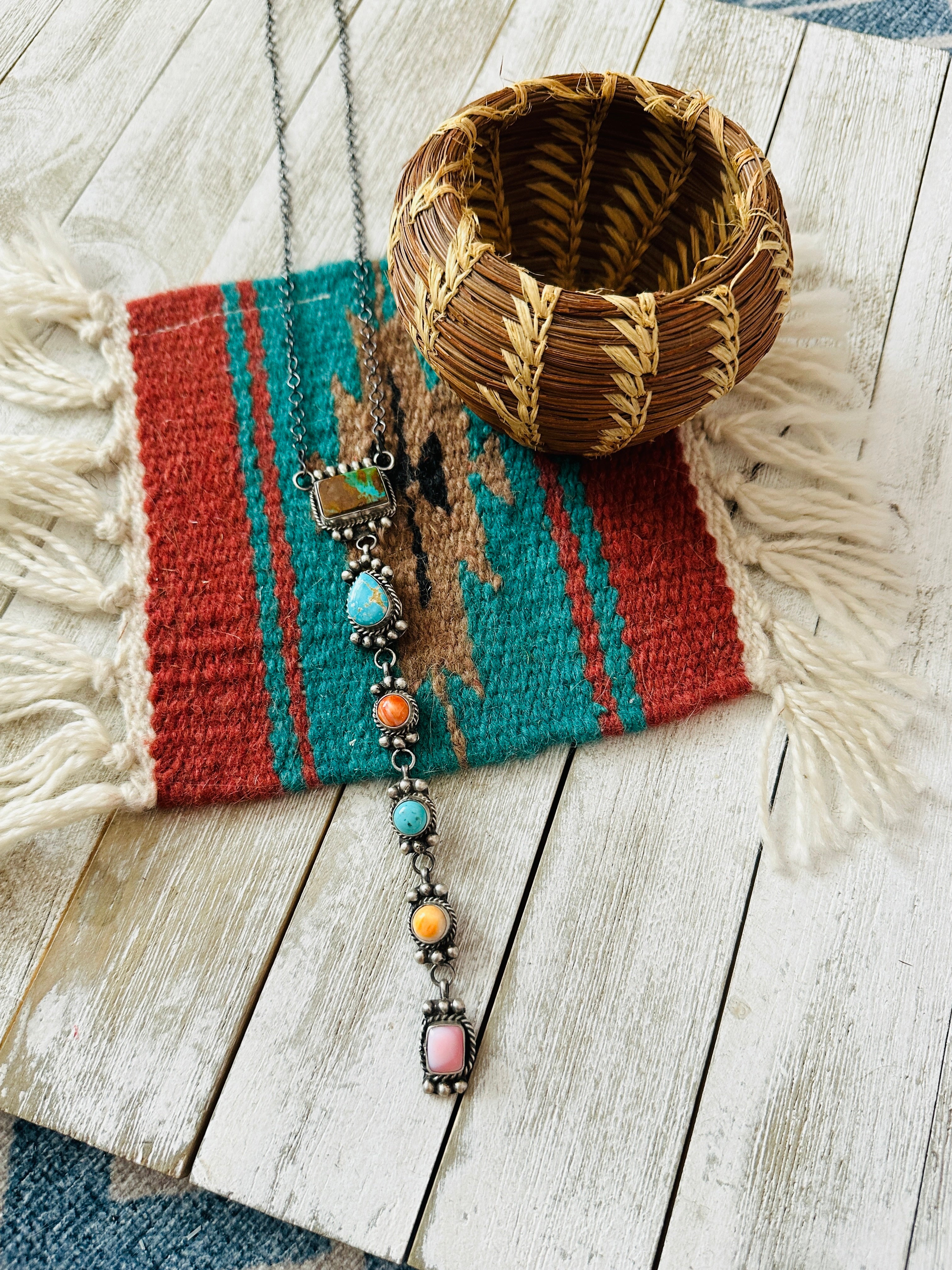 Handcrafted Sterling Silver & Multi Stone Lariat Necklace