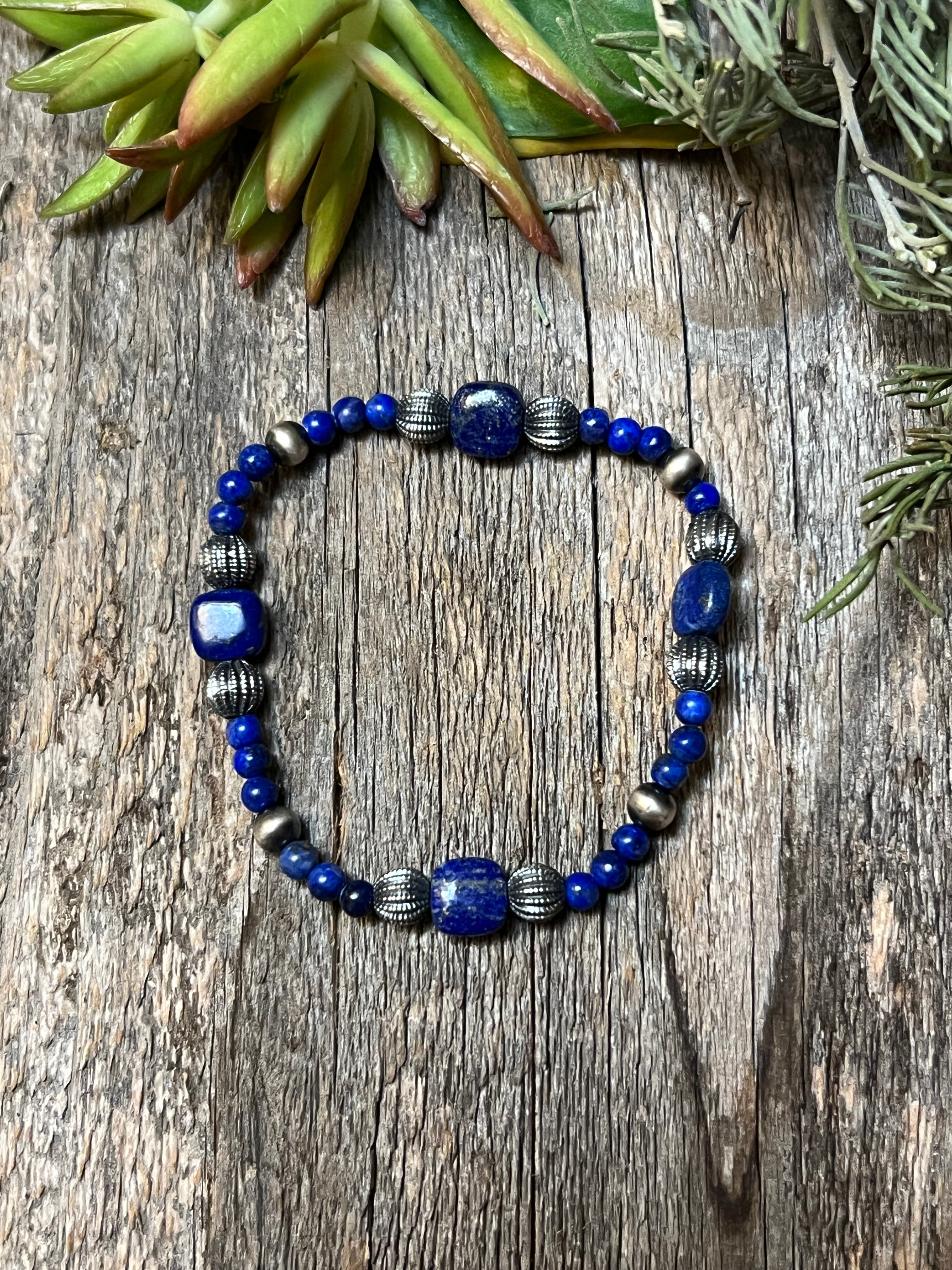 Handmade Lapis & Sterling Silver Beaded Bracelet