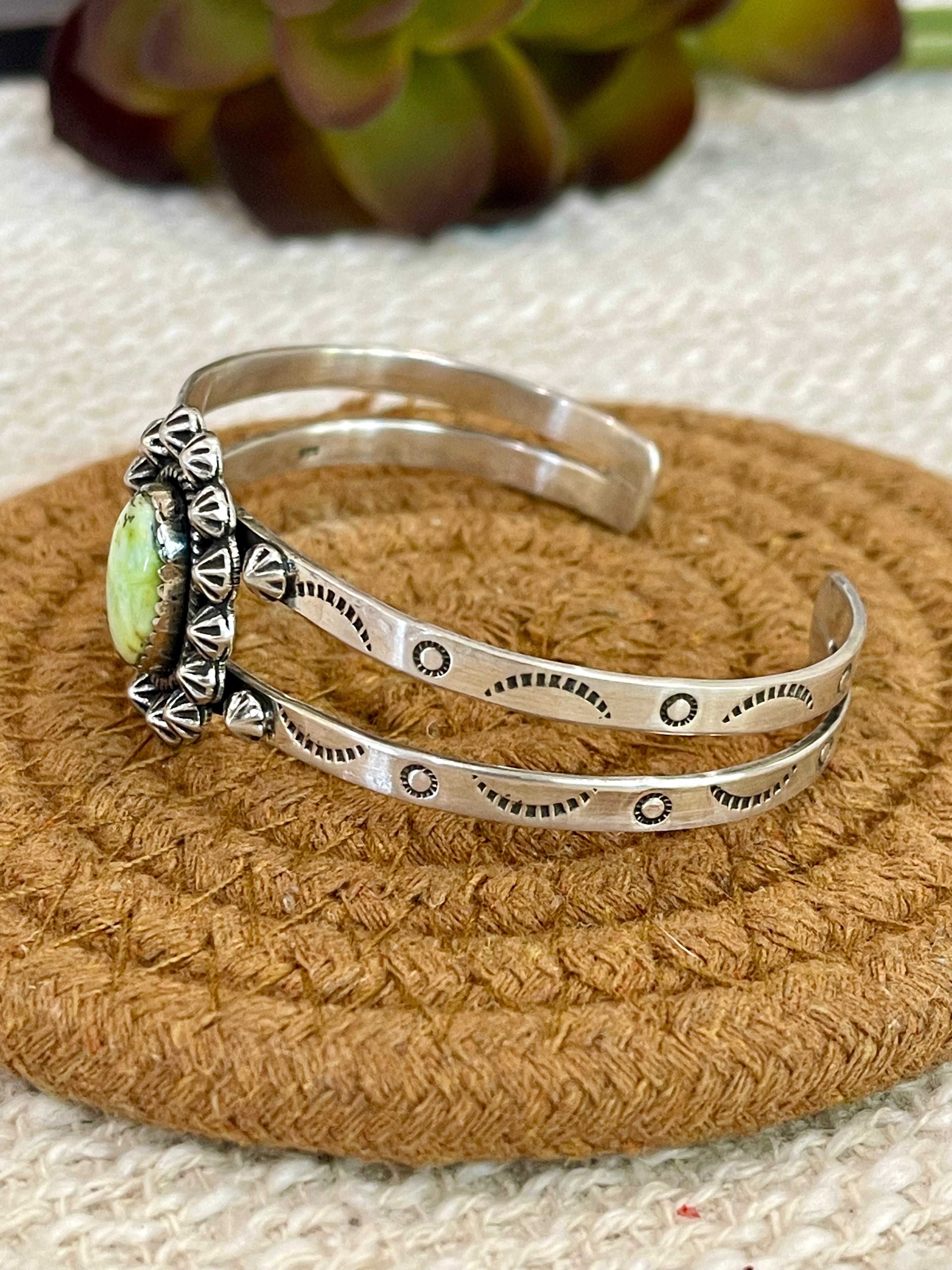 Handmade Sterling Silver Palomino Turquoise Cuff Bracelet with Signed Nizhoni