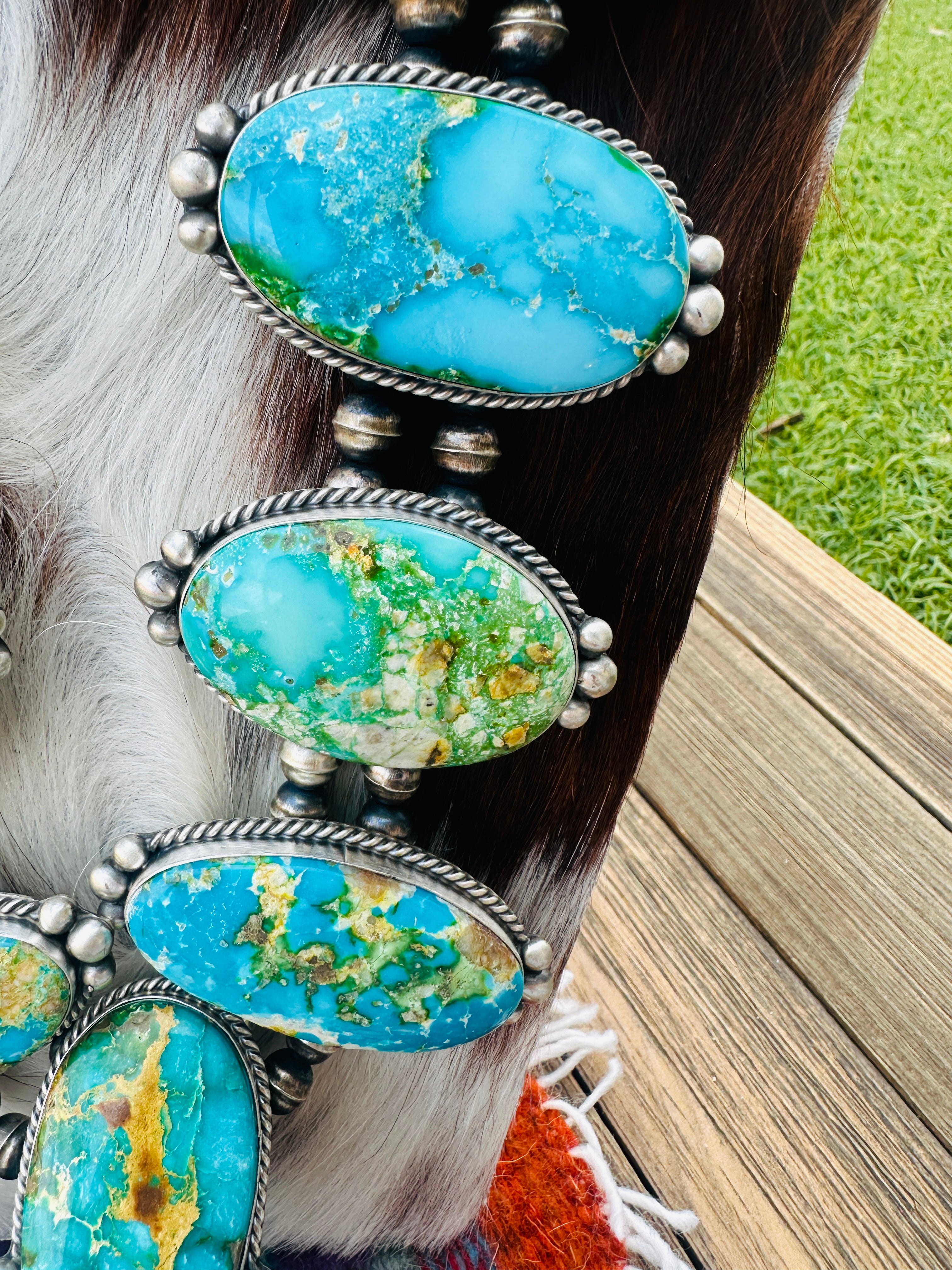 Handcrafted Sonoran Mountain Turquoise & Sterling Silver Squash Blossom Necklace and Earring Set