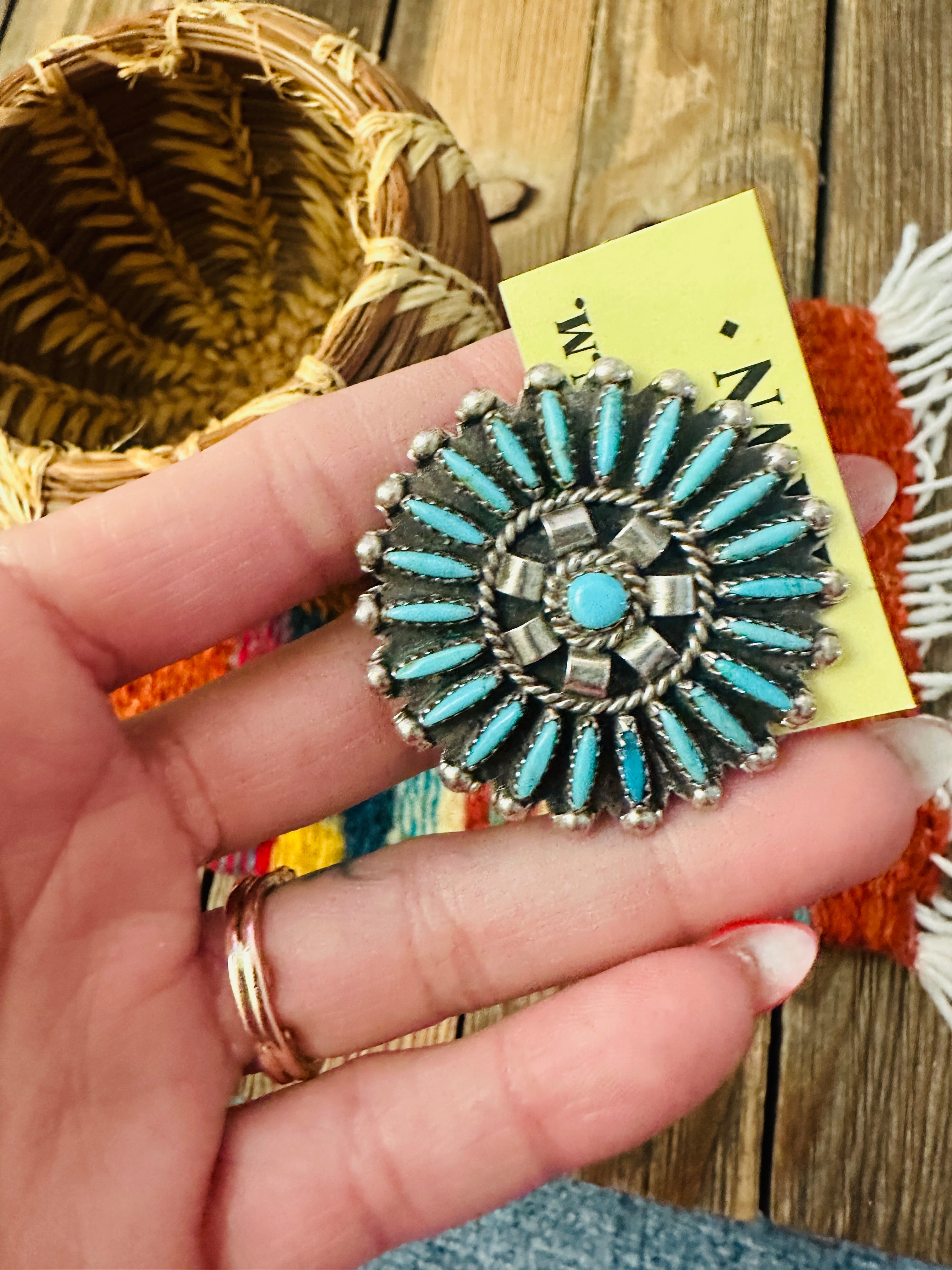 Old Pawn Handcrafted Turquoise and Sterling Silver Cluster Brooch/ Pendant