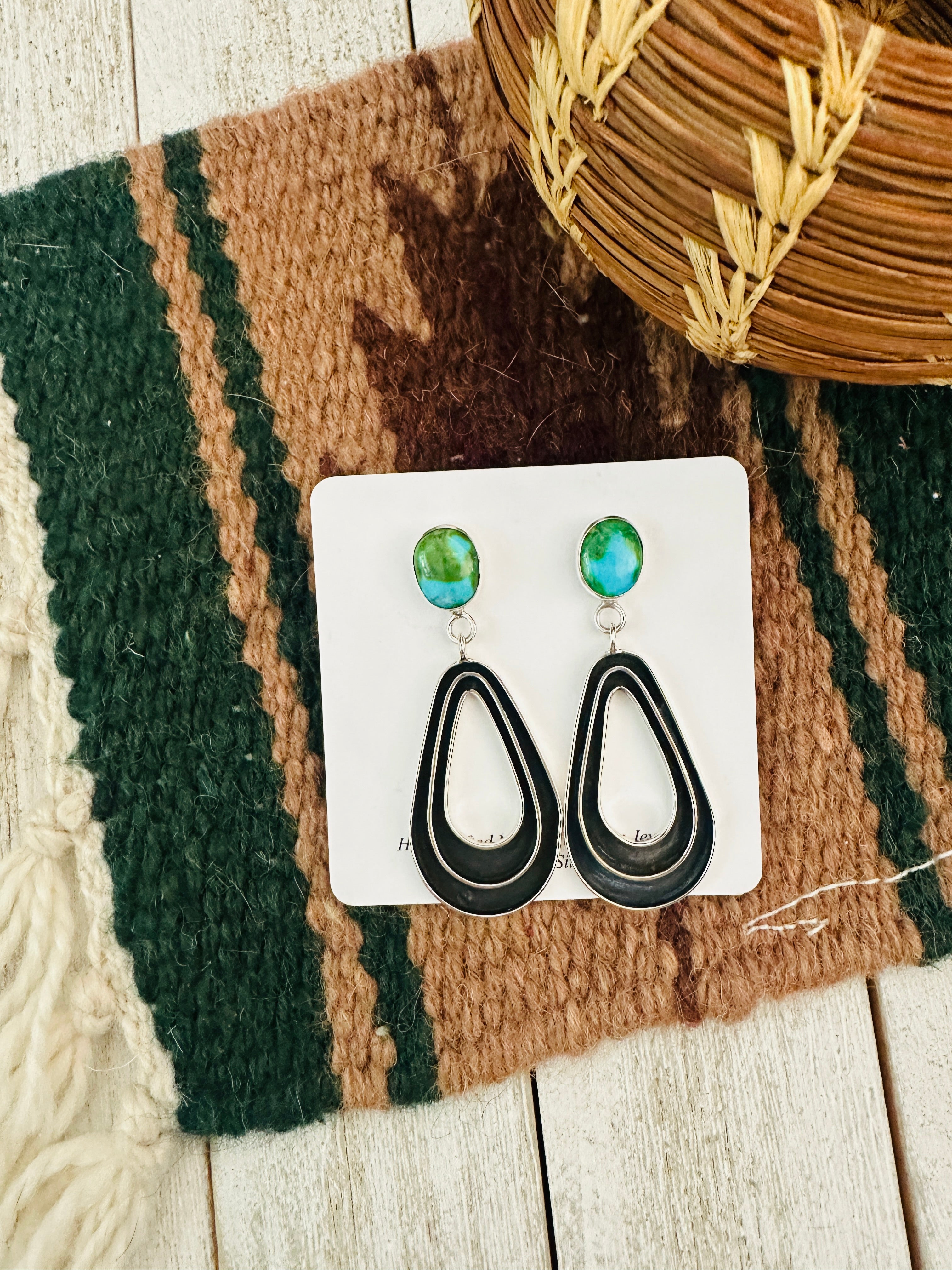 Handcrafted Sonoran Gold Turquoise & Sterling Silver Dangle Earrings Signed