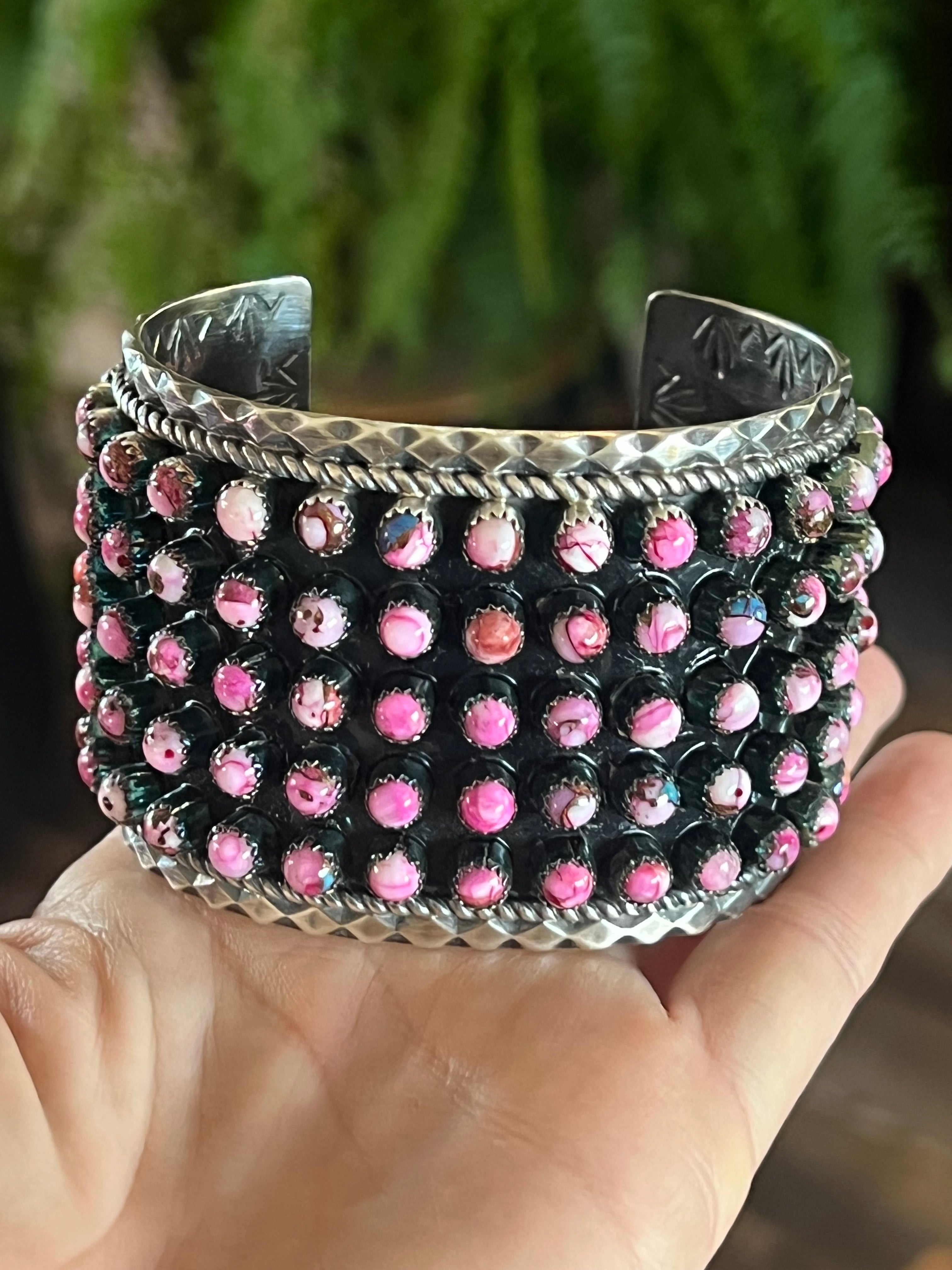 Handcrafted Sterling Silver and Pink Dream Mohave Snake Eye Style Five Row Cuff Bracelet, Signed BJ /