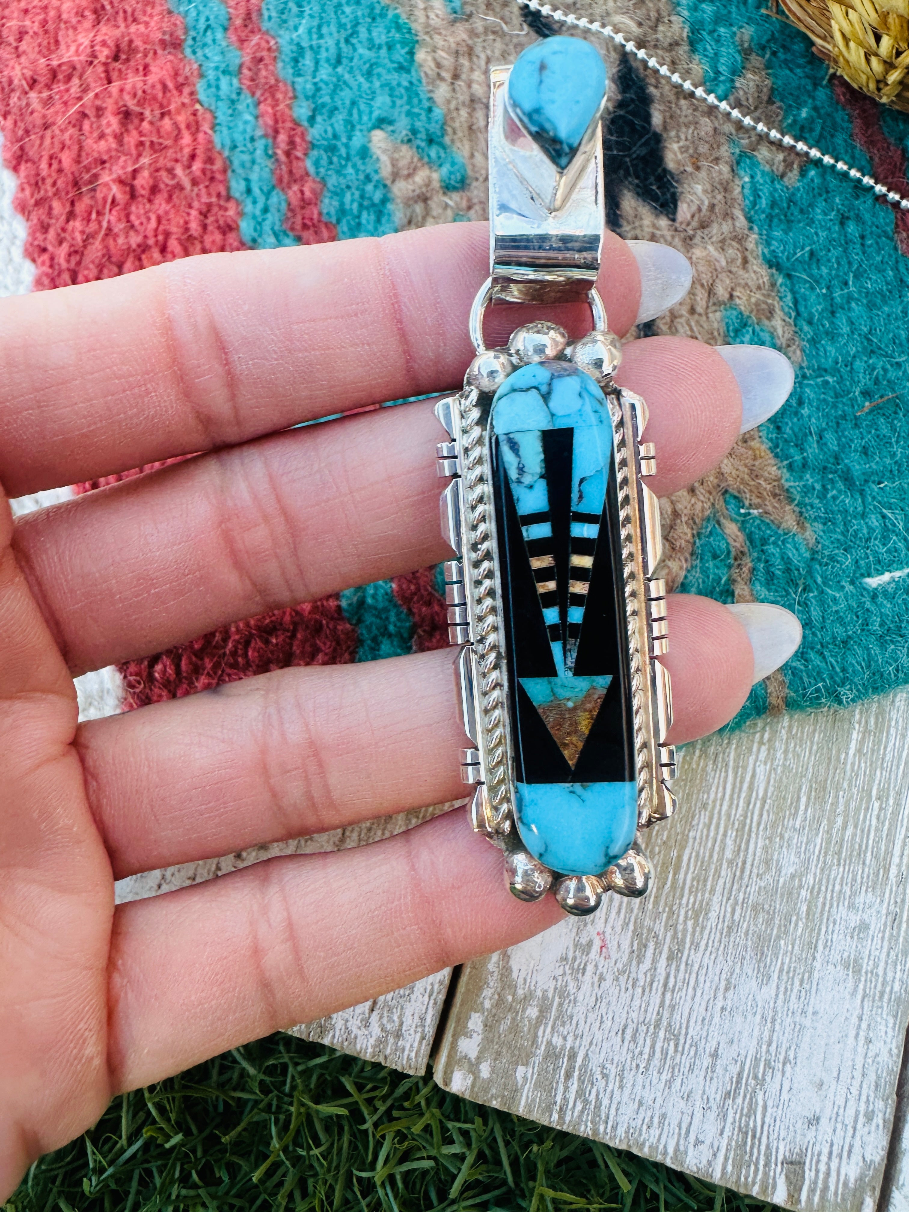 Handcrafted Sterling Silver and Multi Stone Inlay Pendant by Ray Jack