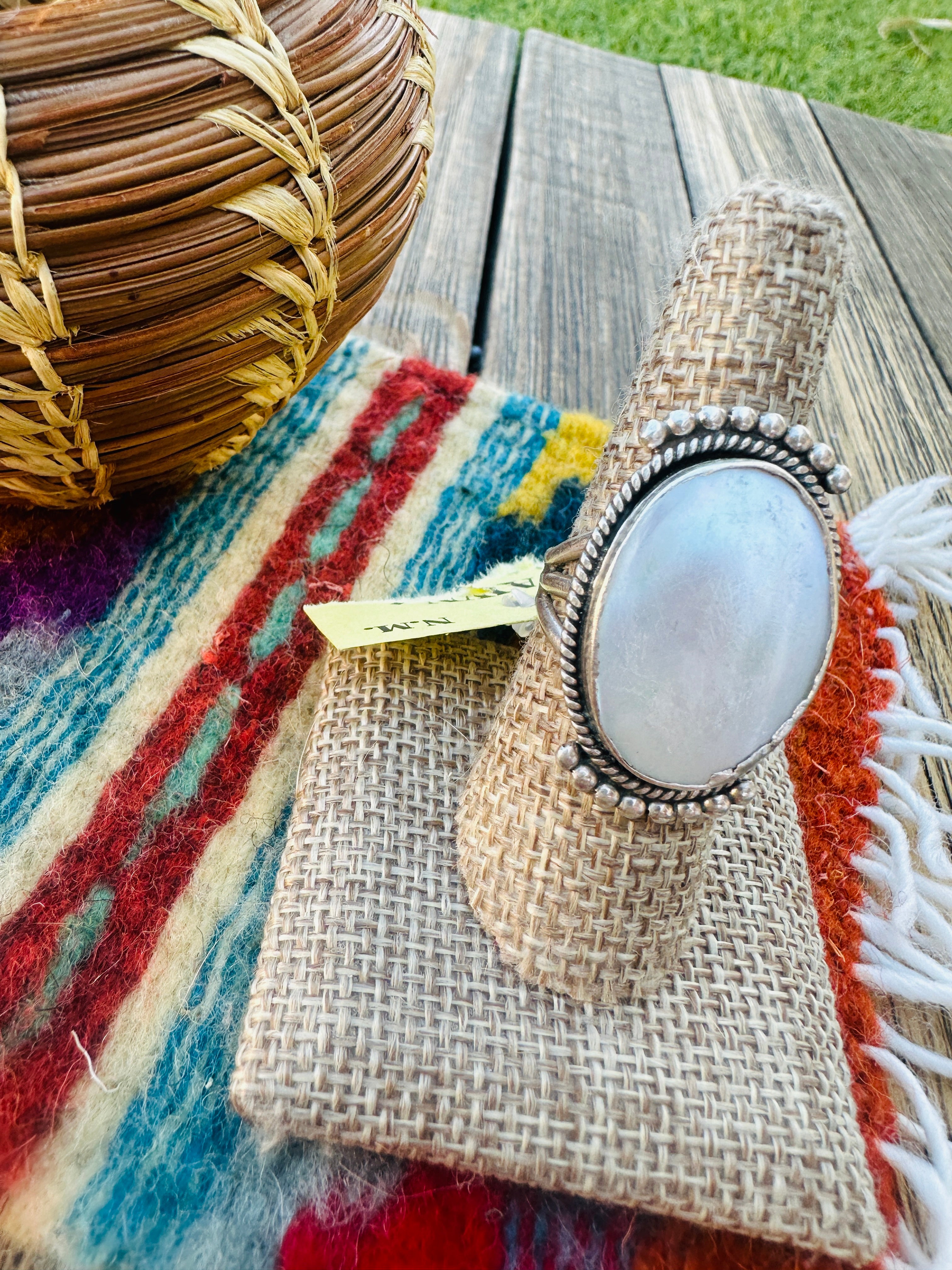 Old Pawn Handcrafted Mother of Pearl & Sterling Silver Ring Size 8