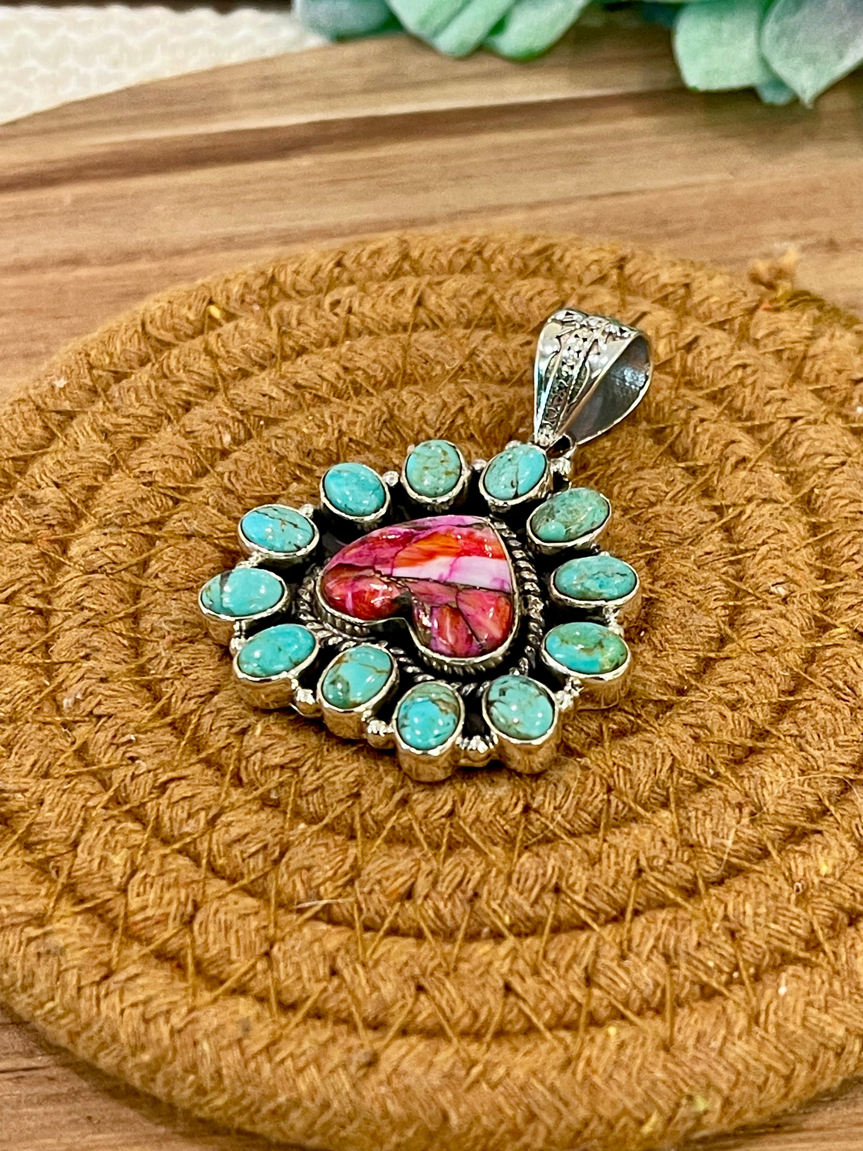 Handmade Sterling Silver,Turquoise & Pink Dream Mojave Cluster Pendant