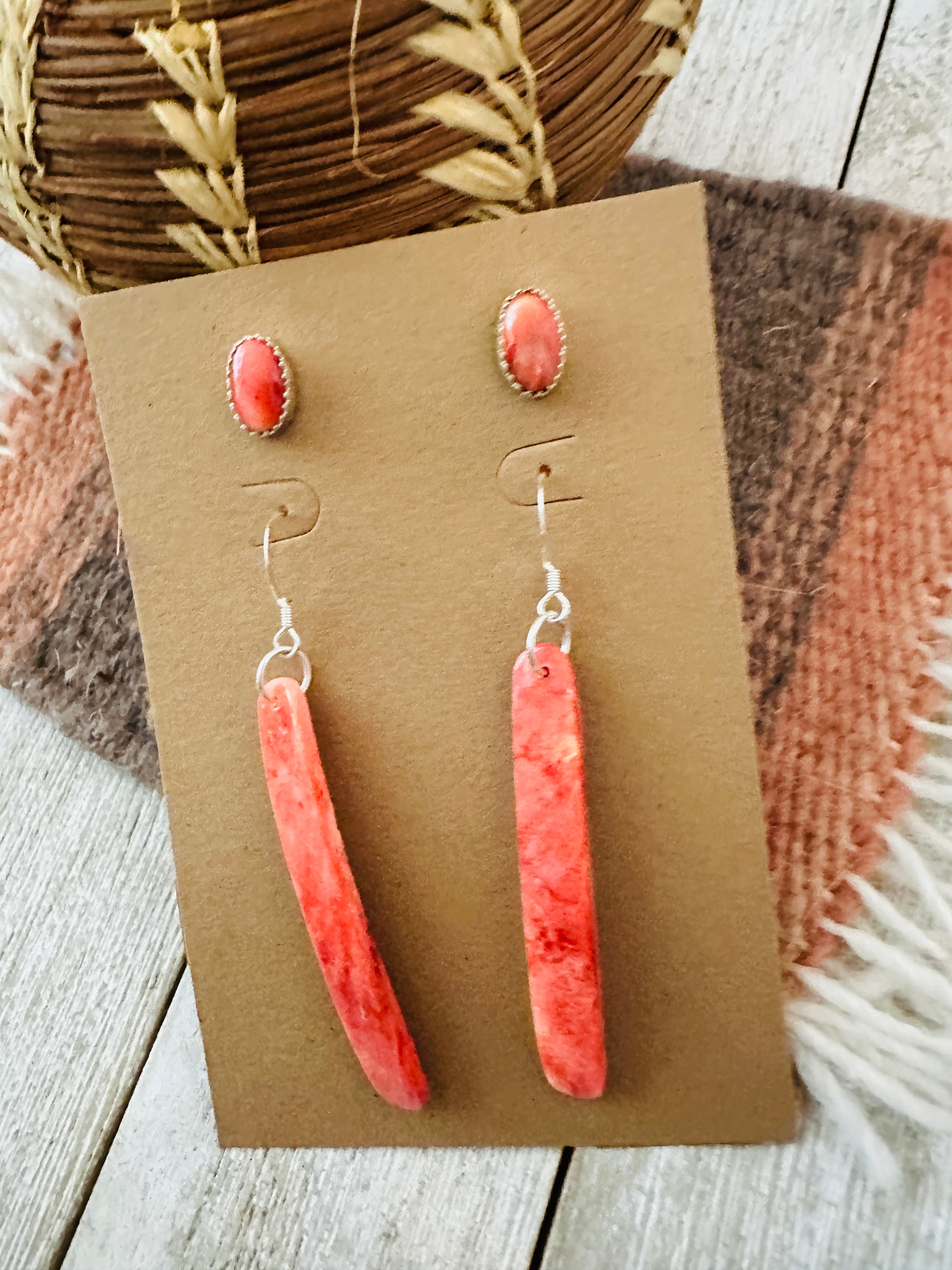 Handcrafted Orange Spiny Slab Dangle & Stud Earring Set