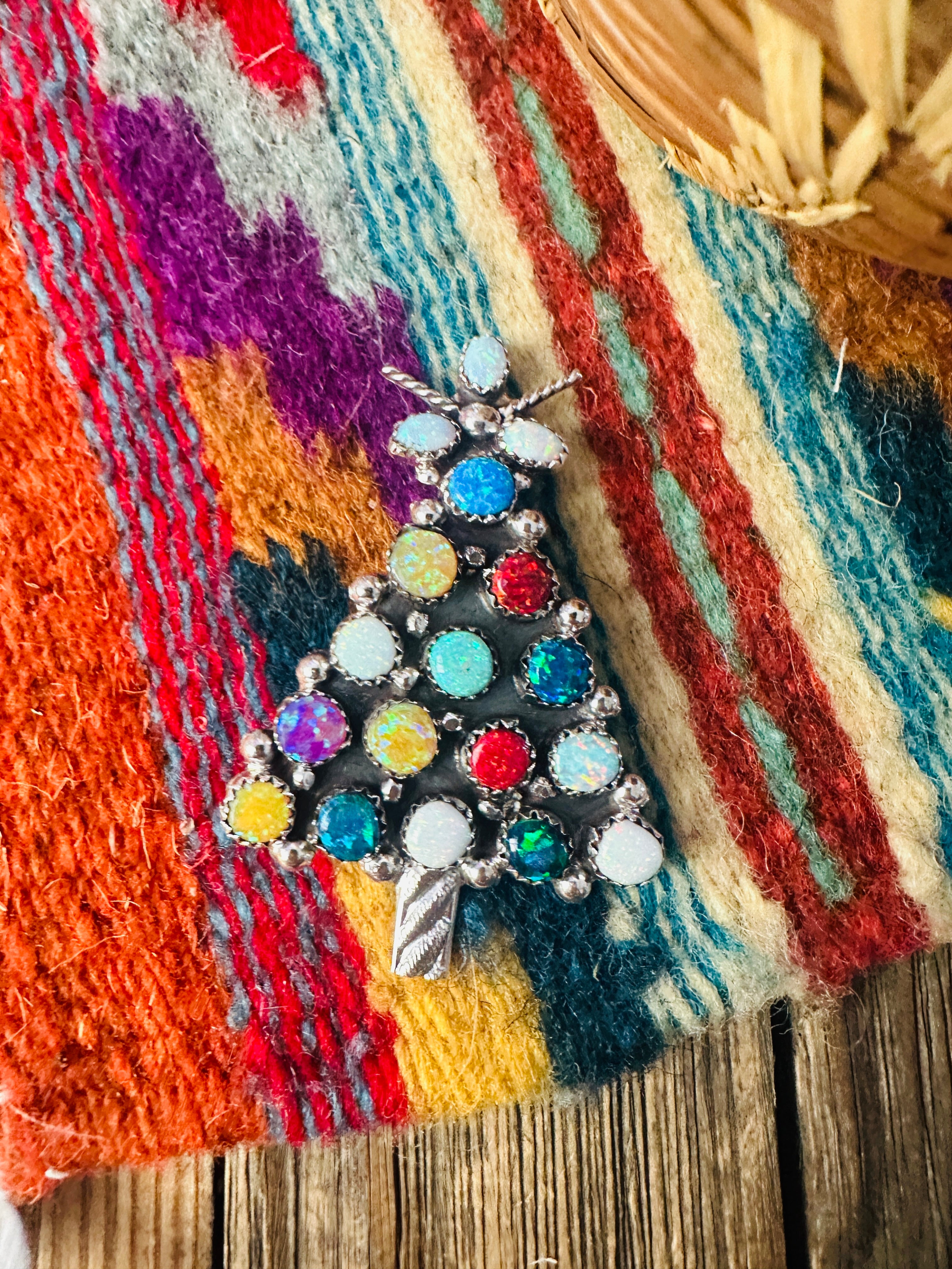 Handcrafted Sterling Silver & Multicolor Opal Christmas Tree Brooch