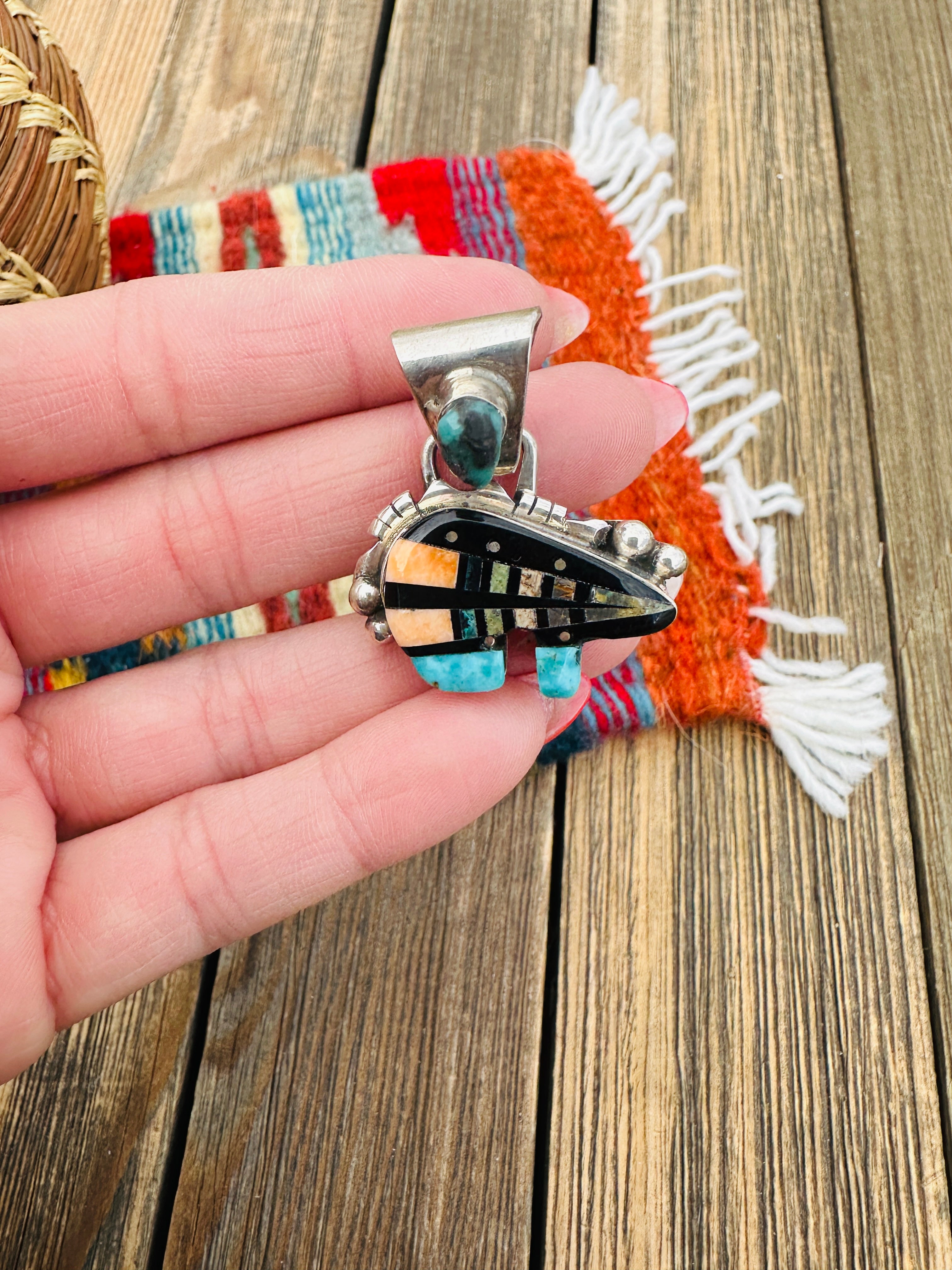 Handcrafted Sterling Silver and Multi Stone Inlay Pendant by Ray Jack